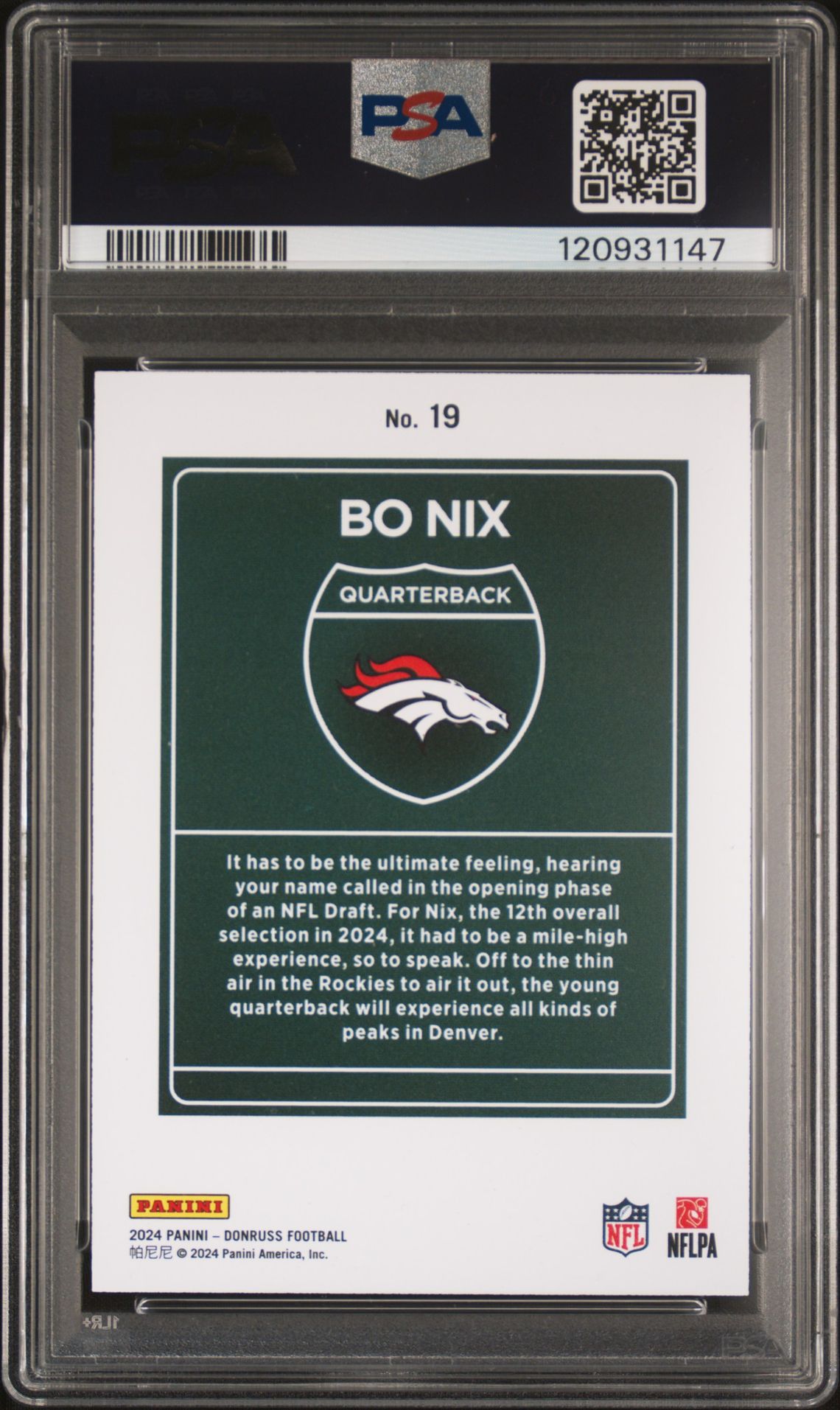 2024 Panini Donruss Downtown! Bo Nix #19 Gem Mt 10 back