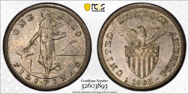 1908-S Peso KM-172  Ag AU53