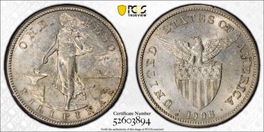 1908-S Peso KM-172  Ag AU53