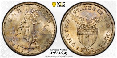 1908-S Peso KM-172  Ag AU58