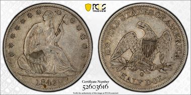 1842-O 50C Medium Date, Rev 1842 AU53
