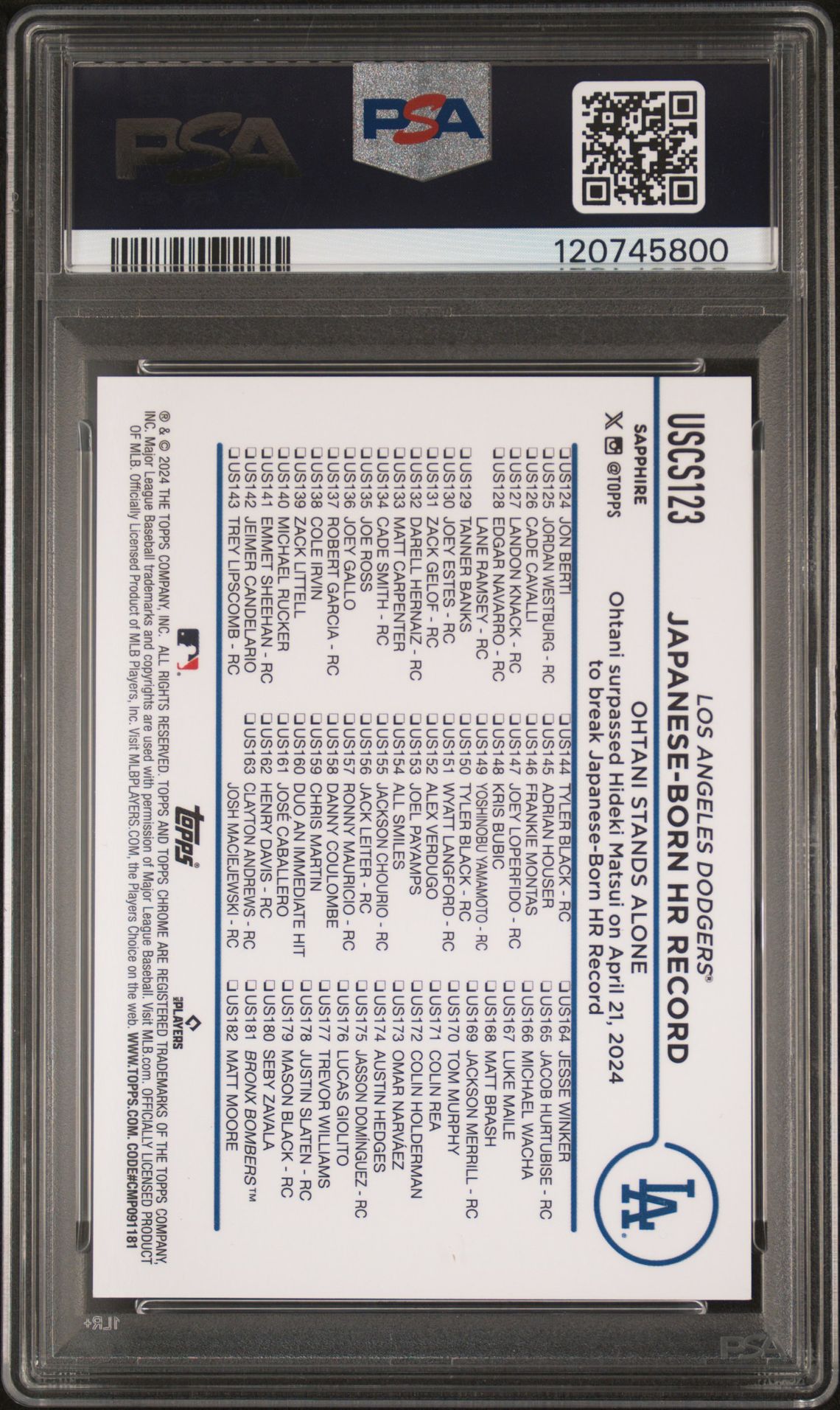 2024 Topps Chrome Sapphire Update Series Shohei Ohtani #123 (Gold) Mint 9 back