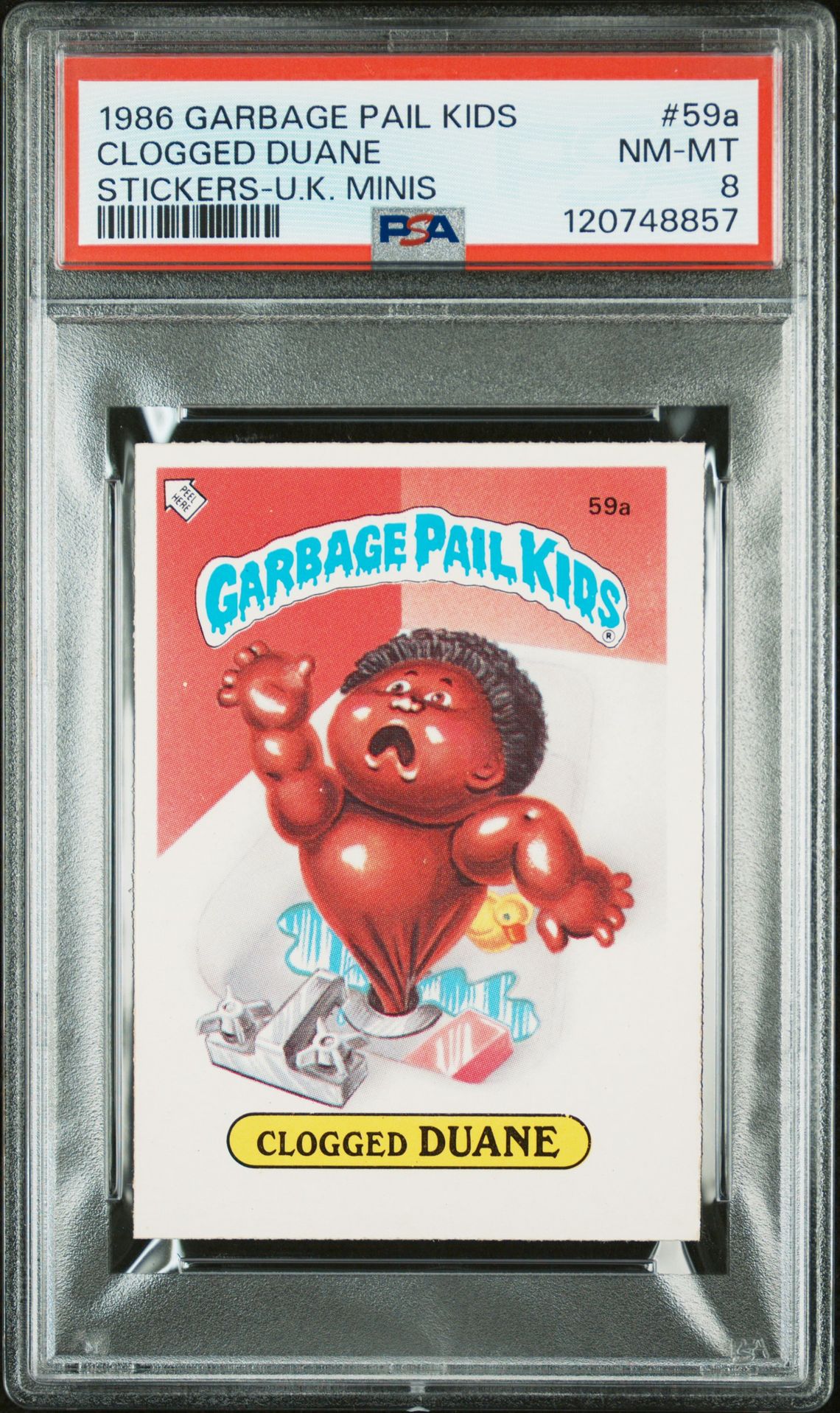 1986 Topps GARBAGE PAIL KIDS STICKERS-U.K. MINIS #59A Clogged Duane front
