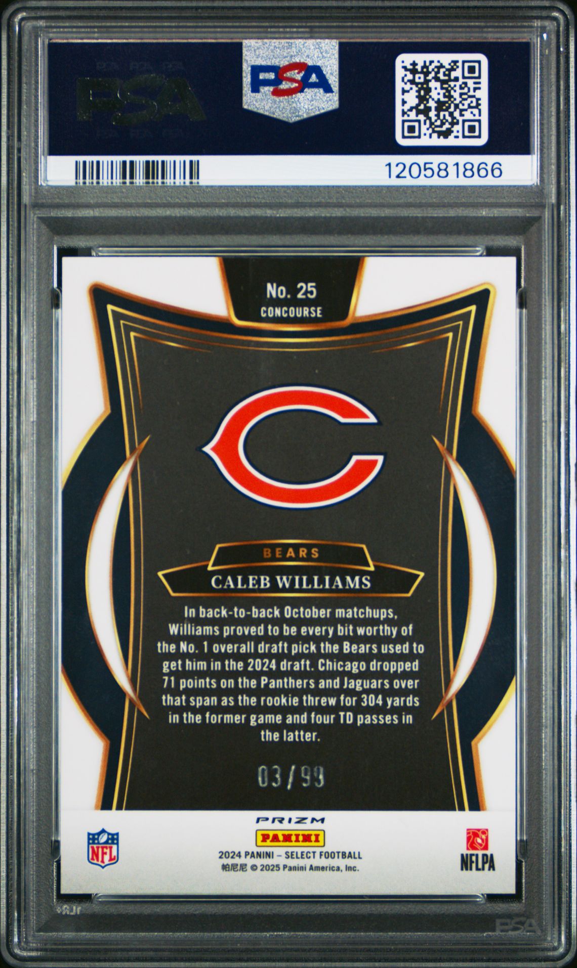 2024 Panini Select Caleb Williams #25 (Red Prizm) Gem Mt 10 back