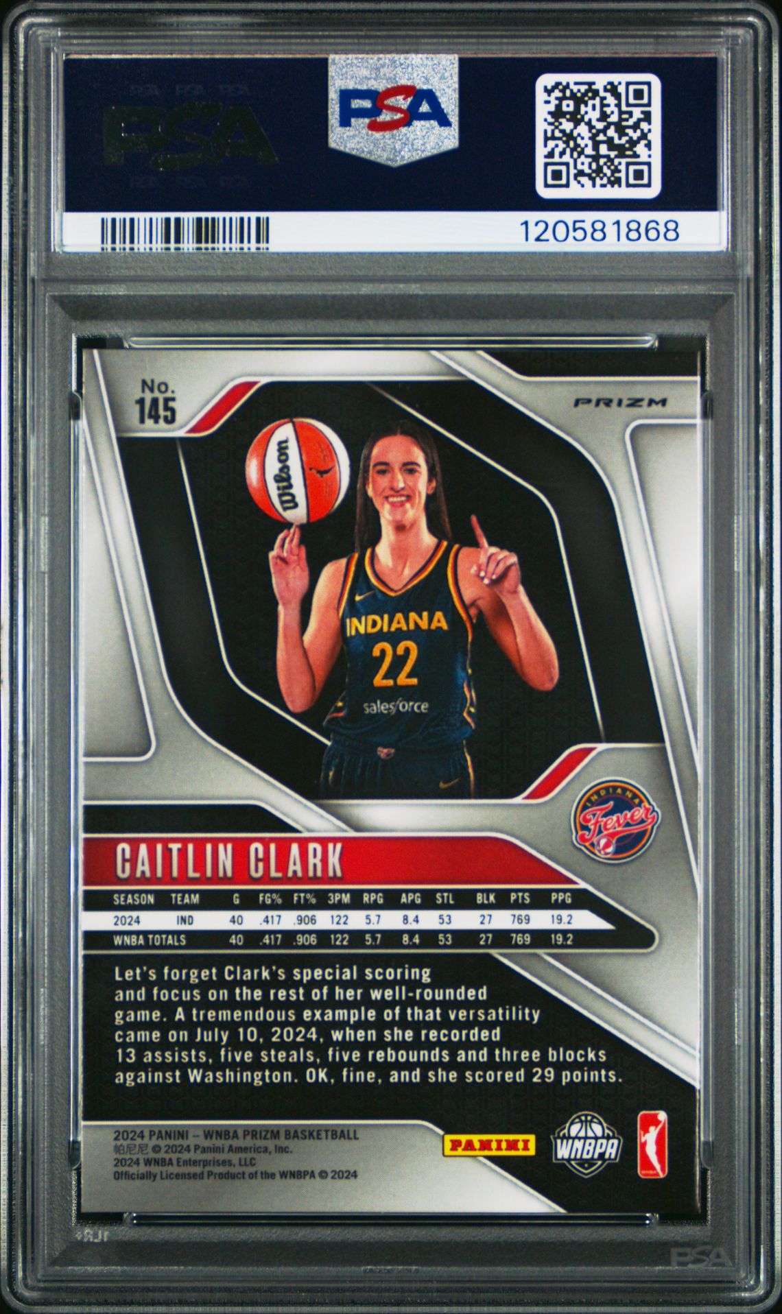 2024 Panini Prizm Wnba Caitlin Clark #145 (Blue Velocity) Mint 9 back