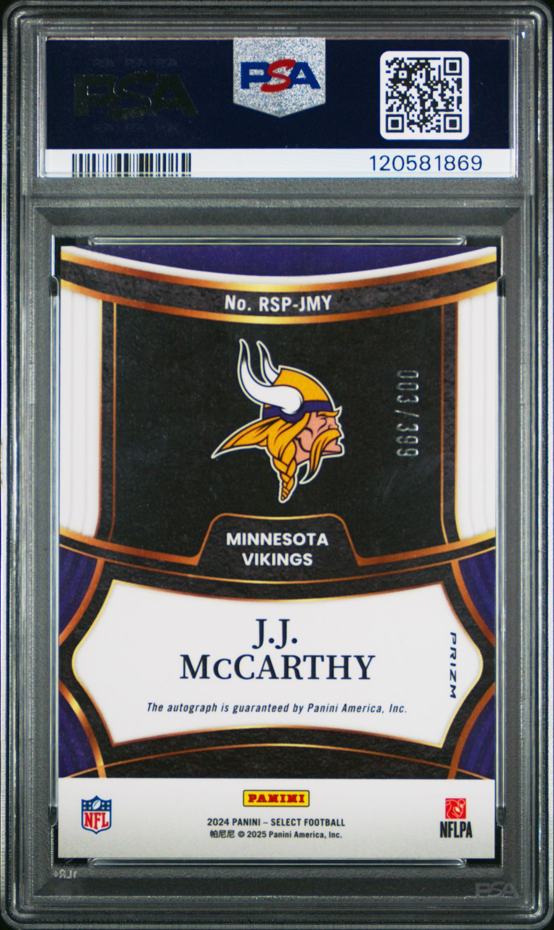 2024 Panini Select Rookie Signatures Jj Mccarthy #Rspjmy Gem Mt 10 back