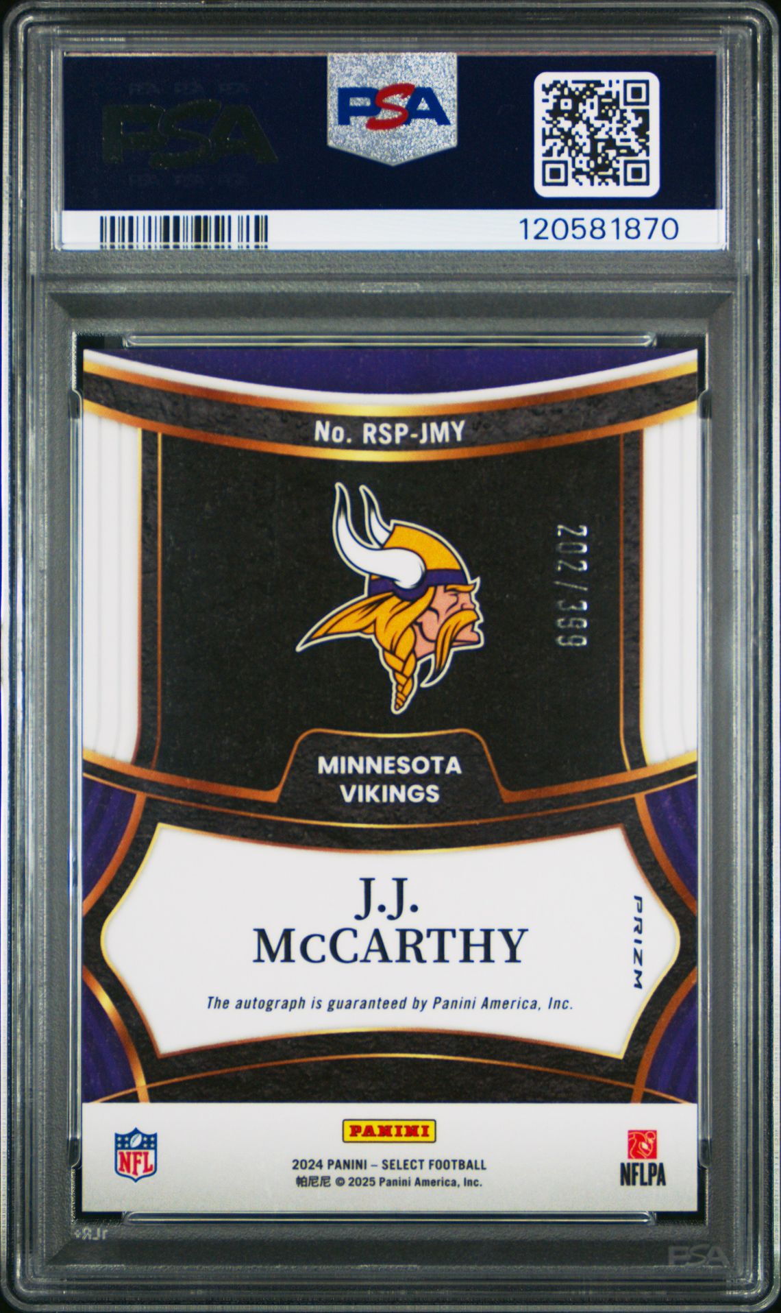 2024 Panini Select Rookie Signatures Jj Mccarthy #Rspjmy Gem Mt 10 back