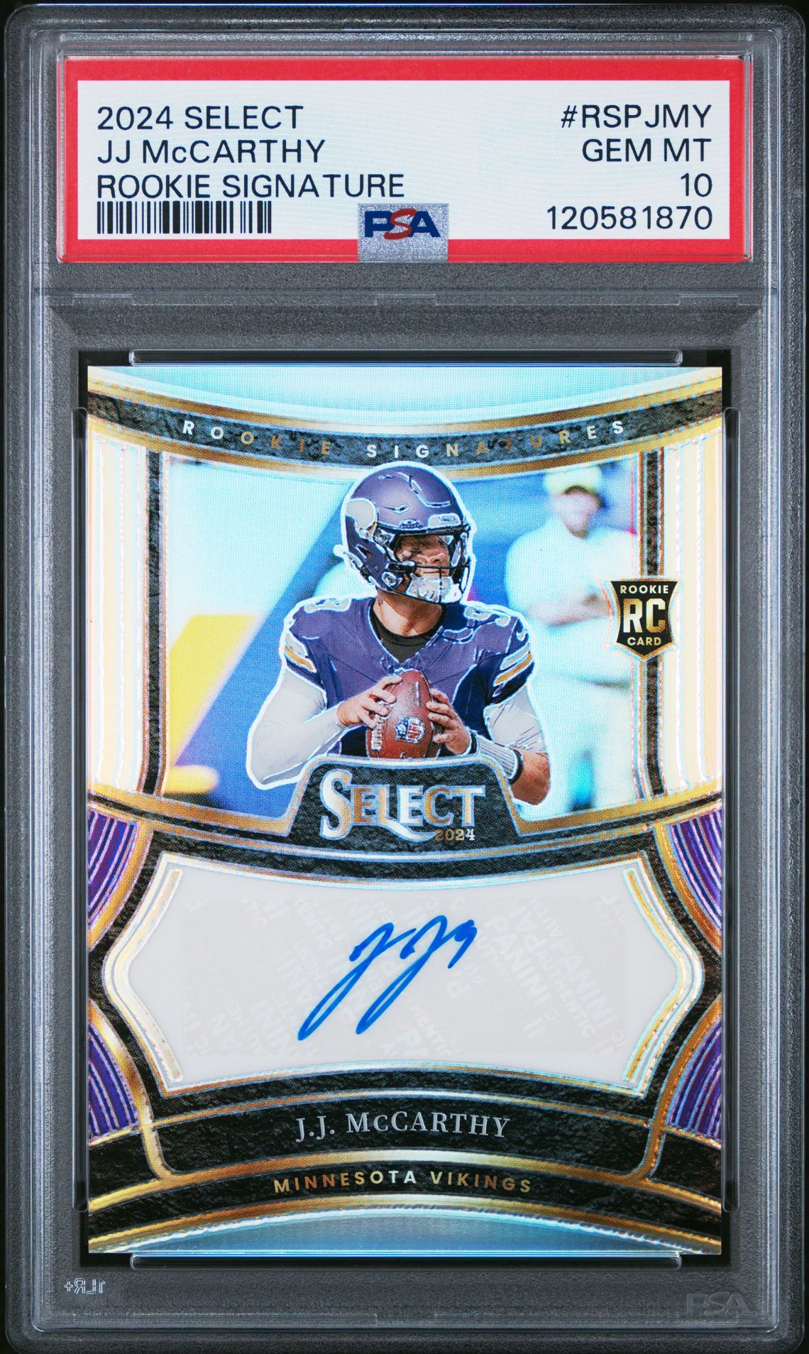 2024 Panini Select Rookie Signatures Jj Mccarthy #Rspjmy Gem Mt 10 front