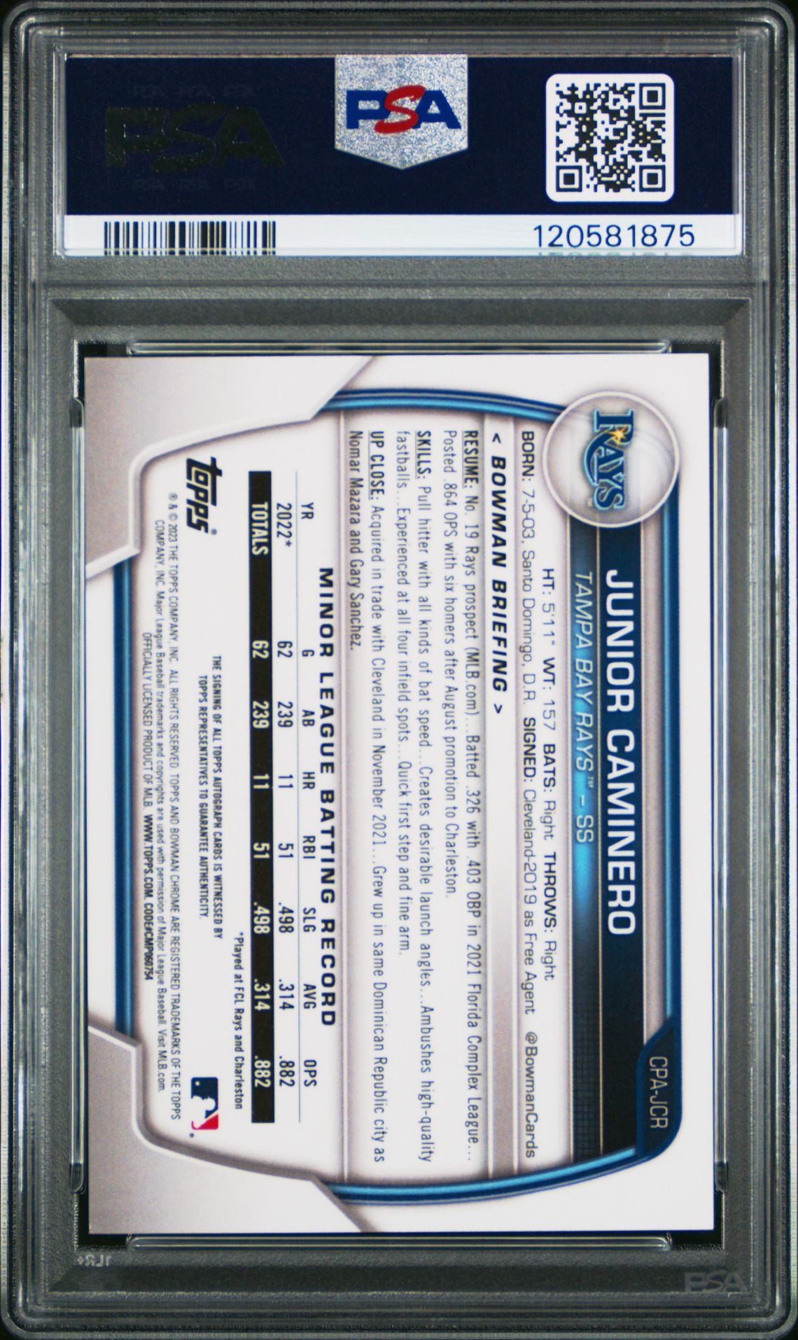 2023 Bowman Chrome Prospect Autographs Junior Caminero #Cpajcr (Chr Prospect Au-Speckle Ref) Gem Mt 10 back