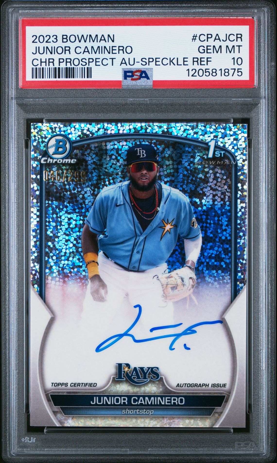 2023 Bowman Chrome Prospect Autographs Junior Caminero #Cpajcr (Chr Prospect Au-Speckle Ref) Gem Mt 10 front