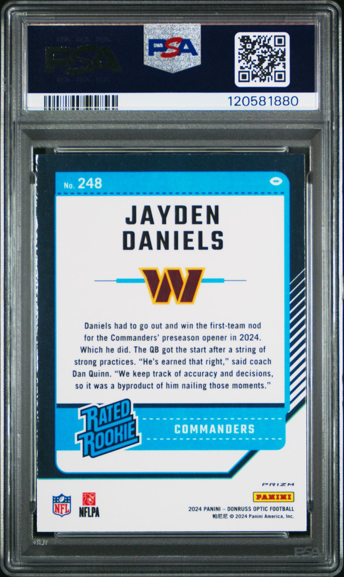 2024 Panini Donruss Optic Jayden Daniels #248 (Blue Hyper) Mint 9 back