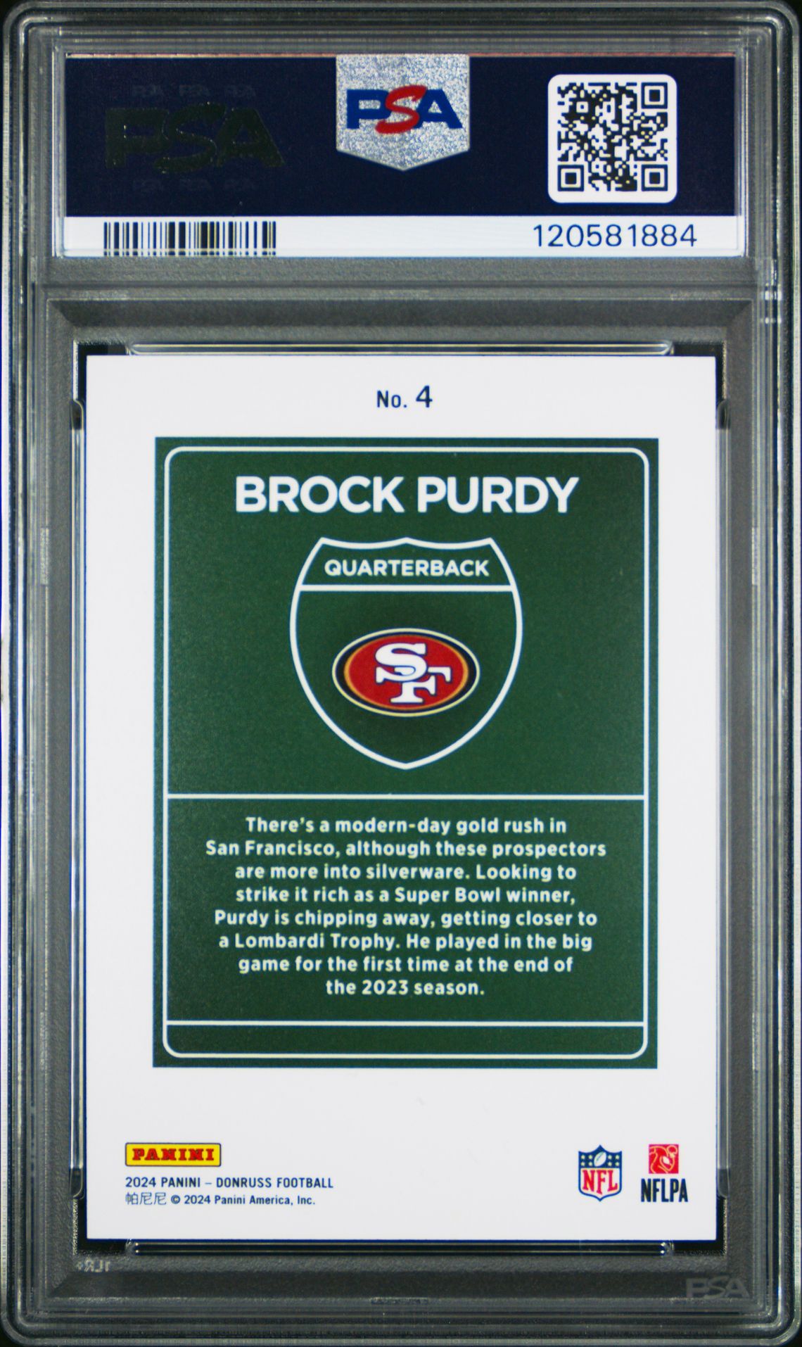 2024 Panini Donruss Downtown! Brock Purdy #4 Gem Mt 10 back