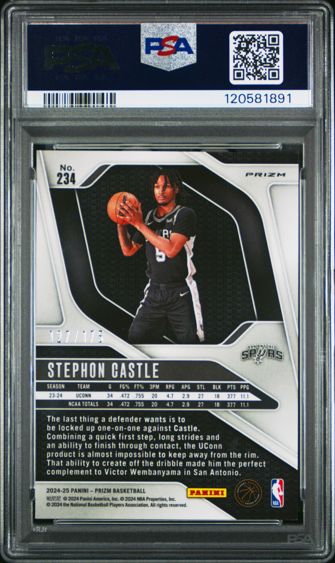 2024 Panini Prizm Stephon Castle #234 (White Prizm) Gem Mt 10 back