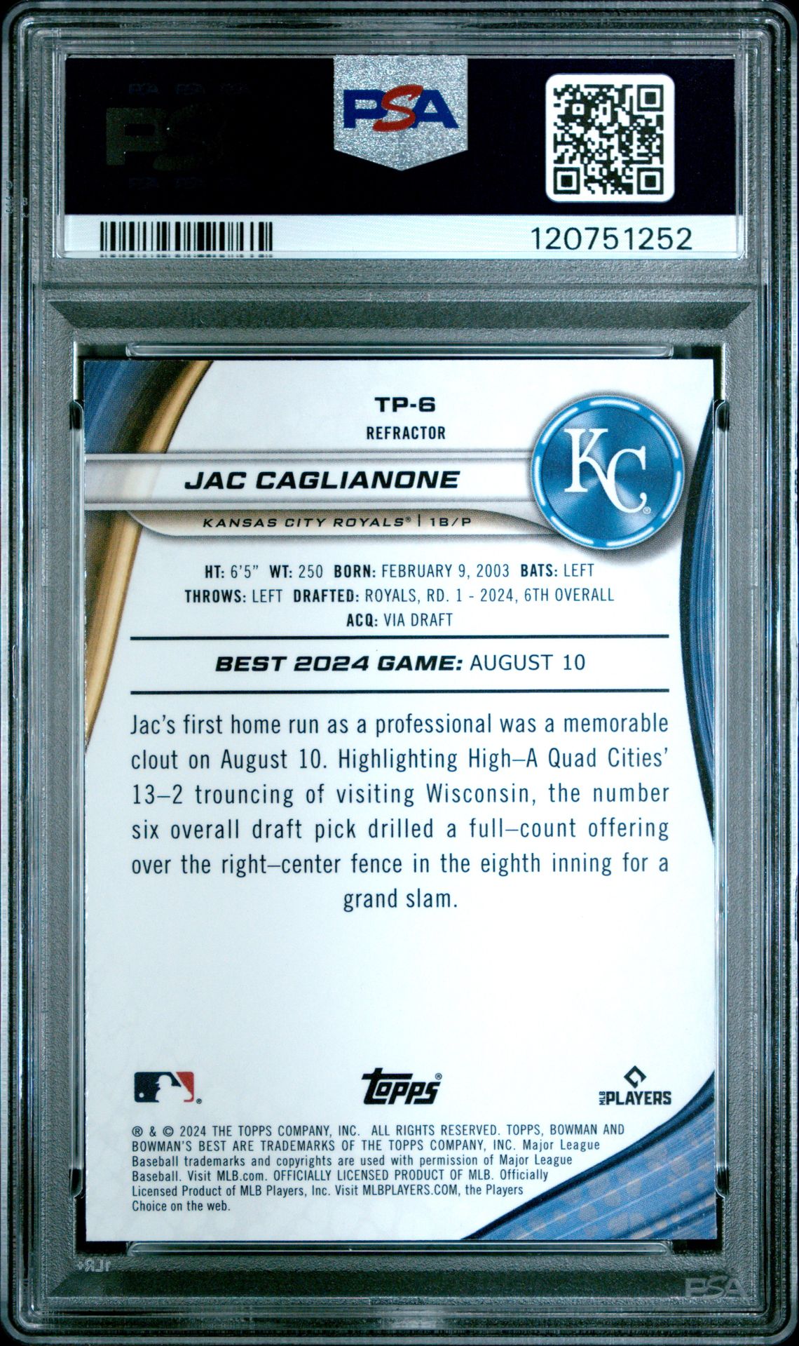 2024 Bowman's Best Top Prospects Jac Caglianone #Tp6 (Top Prospects-Refractor) Mint 9 back