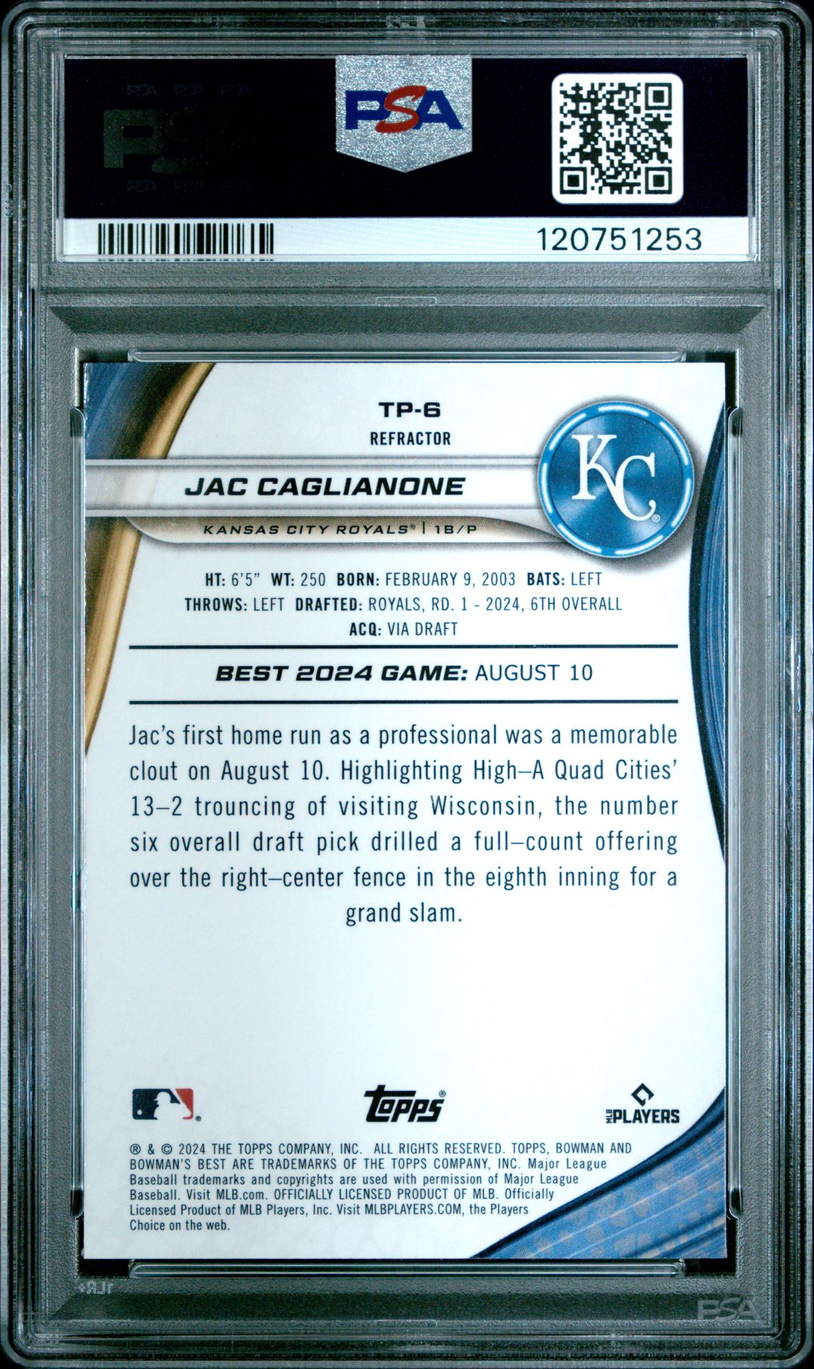 2024 Bowman's Best Top Prospects Jac Caglianone #Tp6 (Top Prospects-Refractor) Gem Mt 10 back