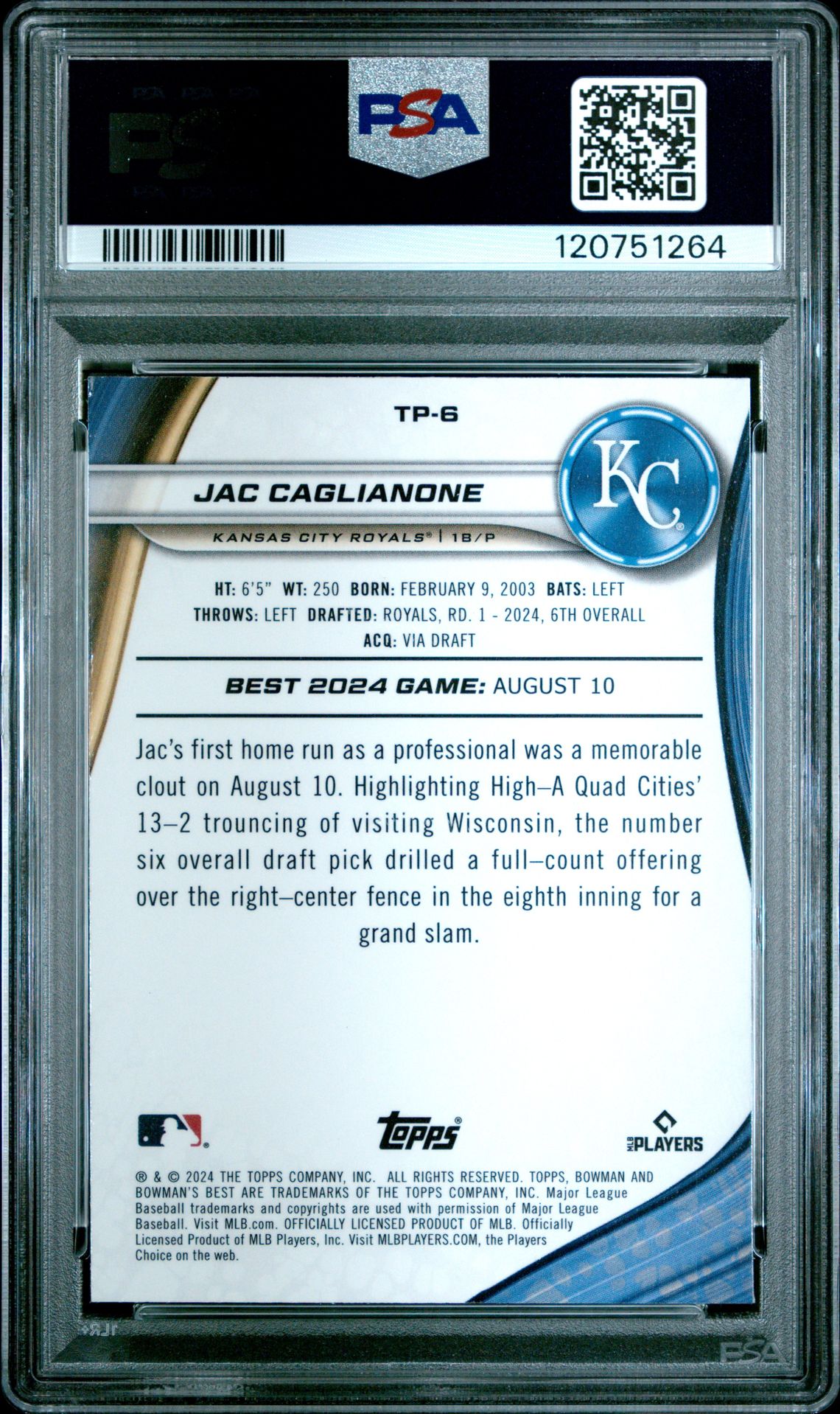2024 Bowman's Best Top Prospects Jac Caglianone #Tp6 (Top Prospects-Aqua Lava) Gem Mt 10 back