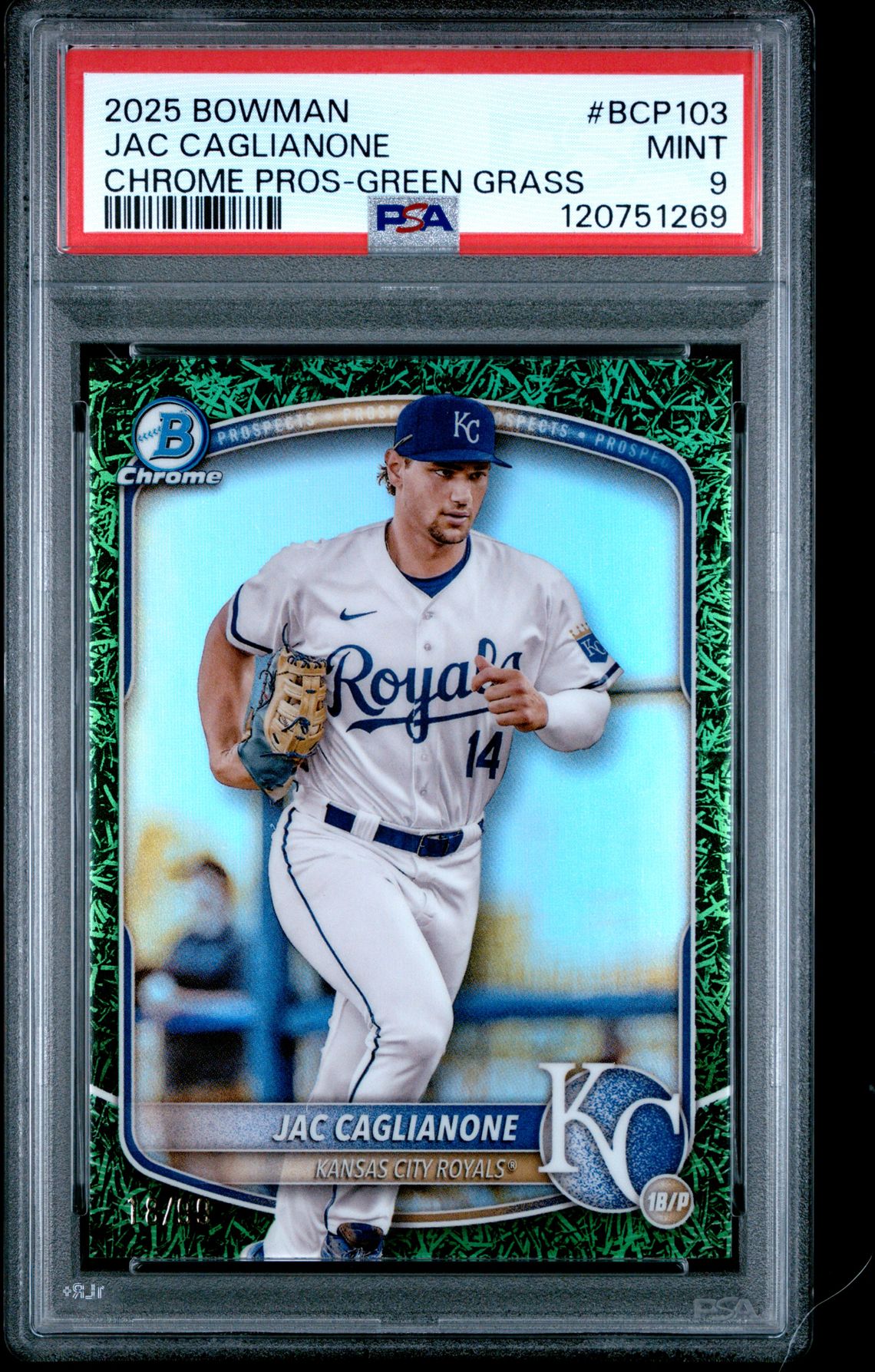 2025 Bowman Chrome Prospects Jac Caglianone #Bcp103 (Chrome Pros-Green Grass) Mint 9 front