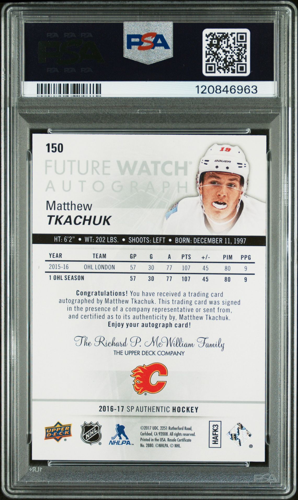 2016 Sp Authentic Matthew Tkachuk #150 (Autograph) Gem Mt 10 back