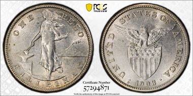 1908-S Peso KM-172  Ag AU55