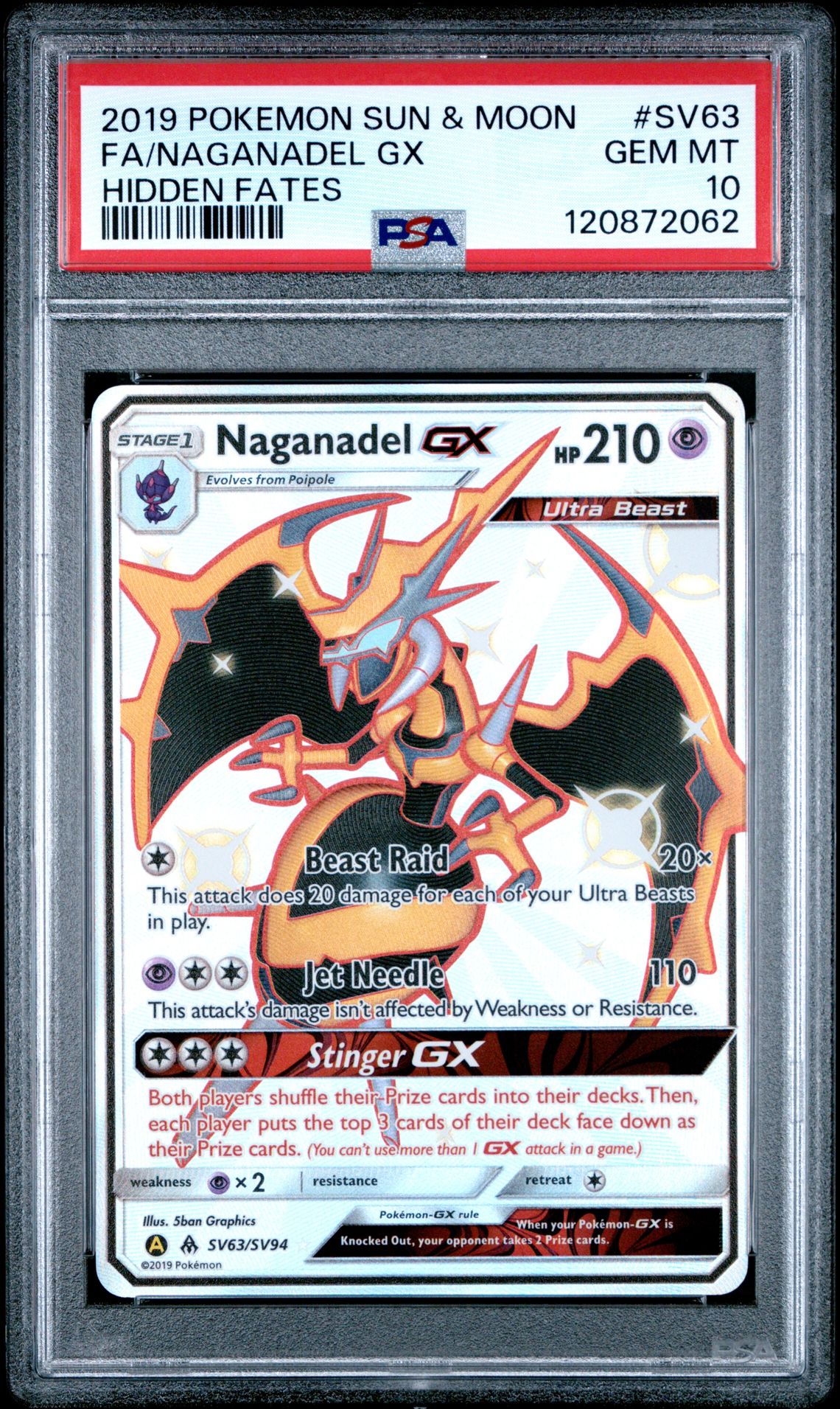 2019 Pokemon Sun & Moon Hidden Fates Fa/Naganadel Gx #Sv63 (Hidden Fates) Gem Mt 10 front