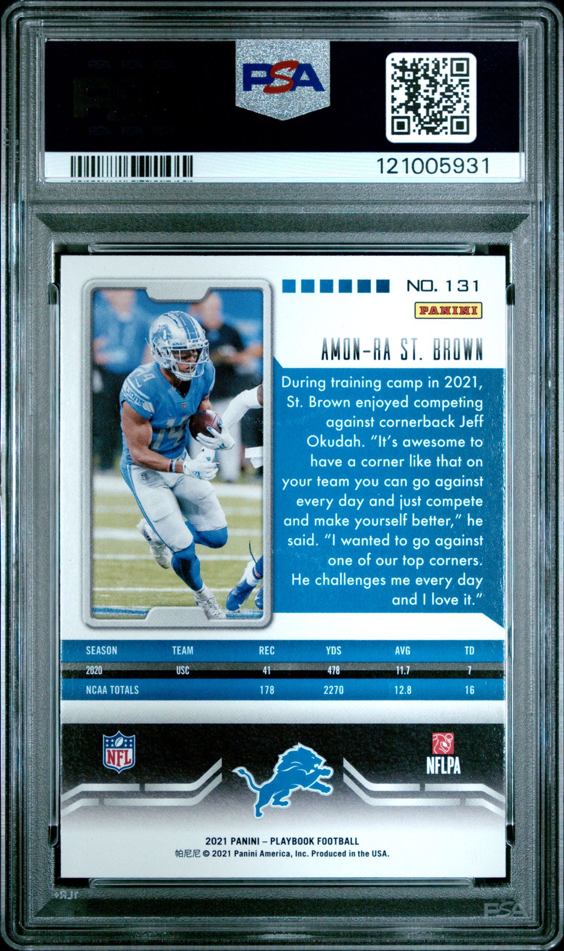 2021 Panini Playbook Amon-Ra St. Brown #131 (Sparkle) Mint 9 back