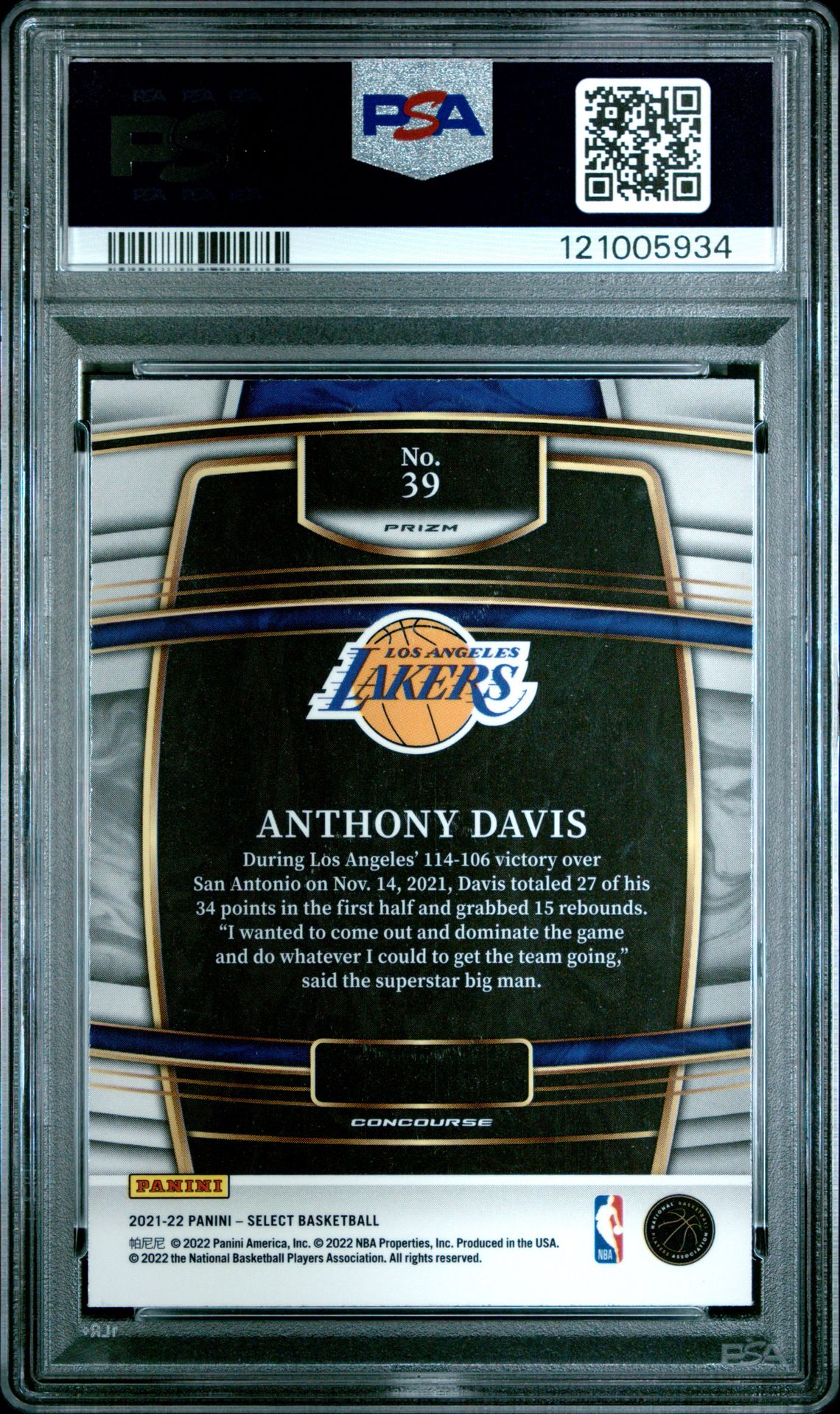 2021 Panini Select Anthony Davis #39 (Tiger Prizm) Mint 9 back