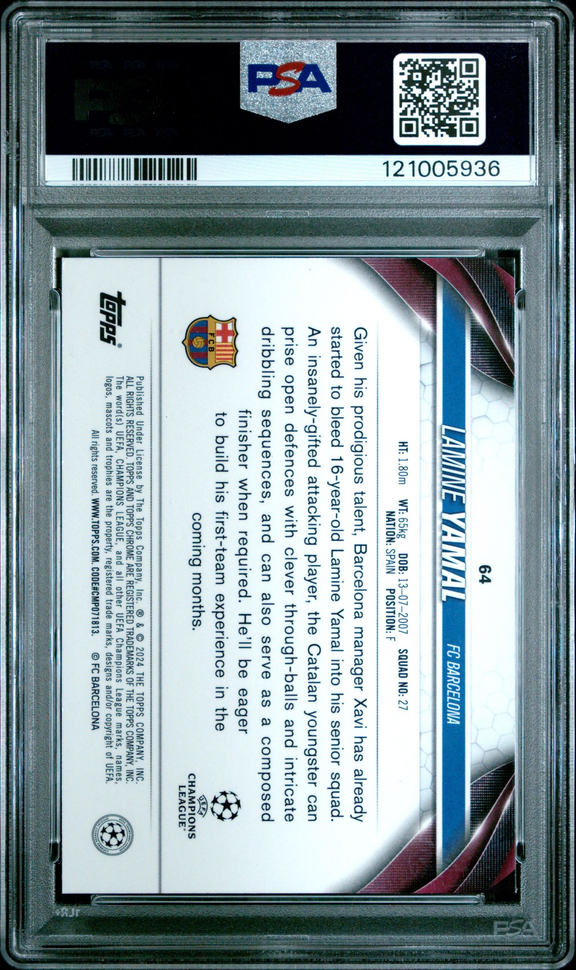 2023-24 Topps Chrome Uefa Club Competitions Lamine Yamal #64 Mint 9 back