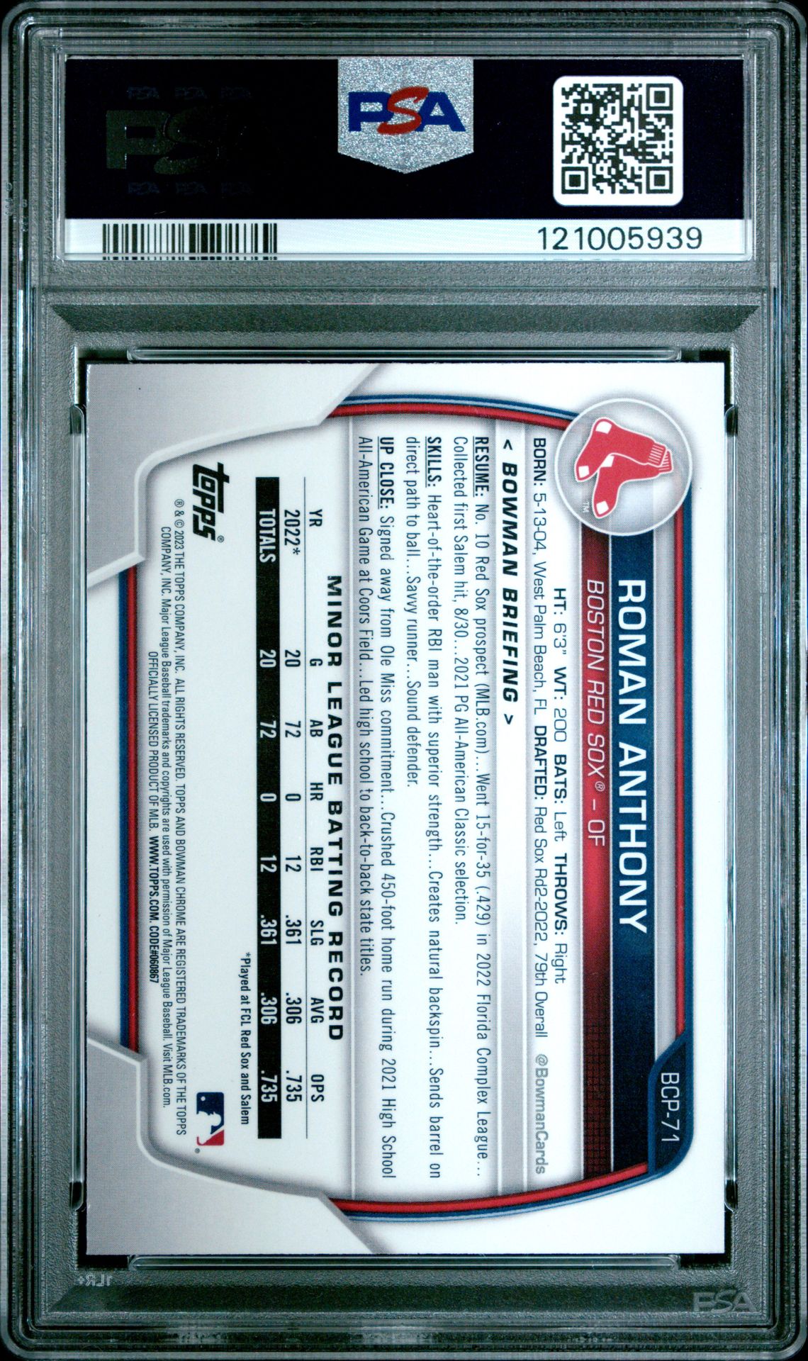 2023 Bowman Mega Box Chrome Roman Anthony #71 (Chrome) Gem Mt 10 back