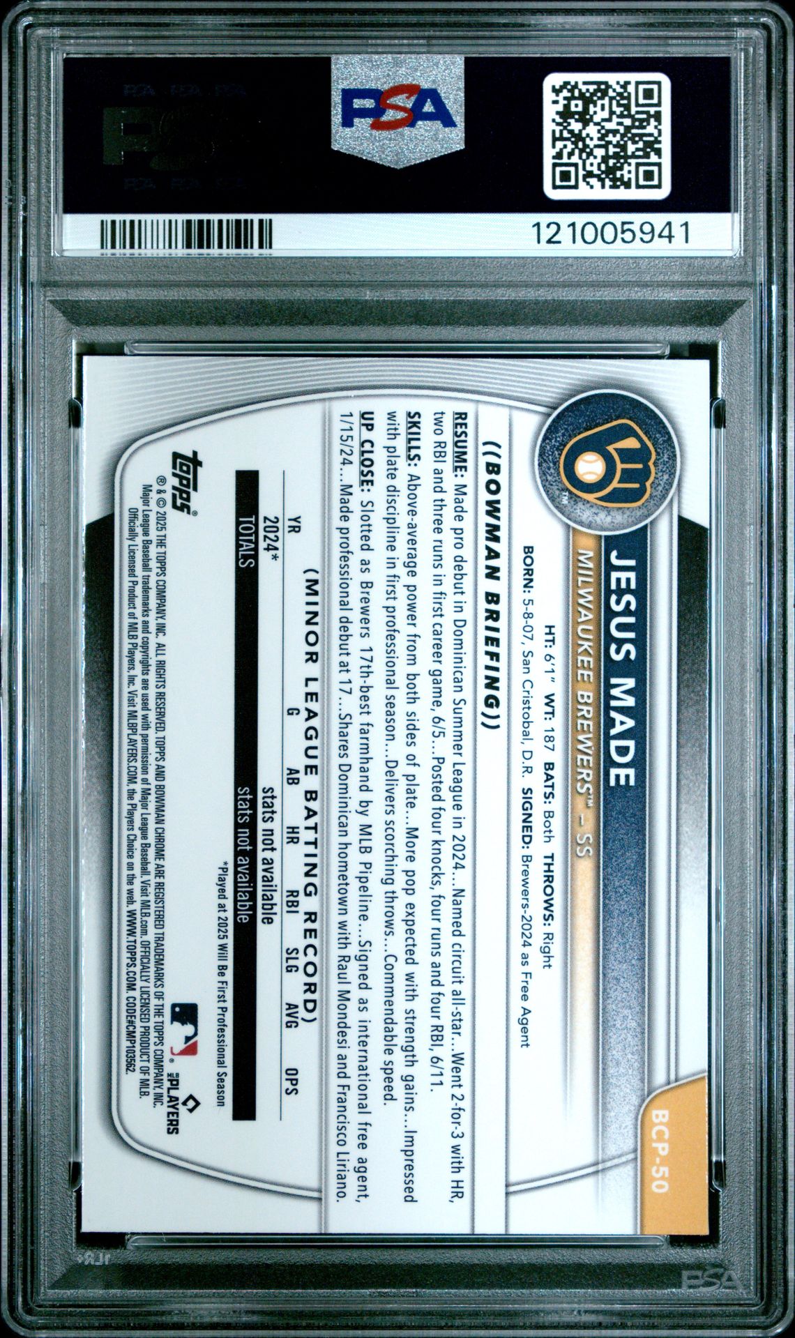 2025 Bowman Mega Box Chrome Prospects Jesus Made #50 Mint 9 back