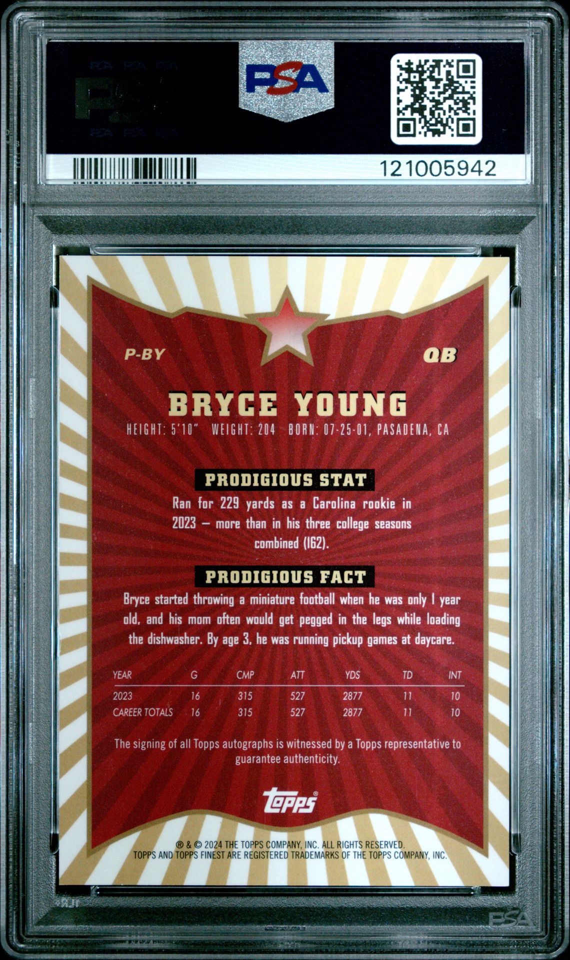 2024 Topps Finest Prodigies Autographs Bryce Young #Pby (Prodigies Auto-Blue Chkbd) Gem Mt 10 back