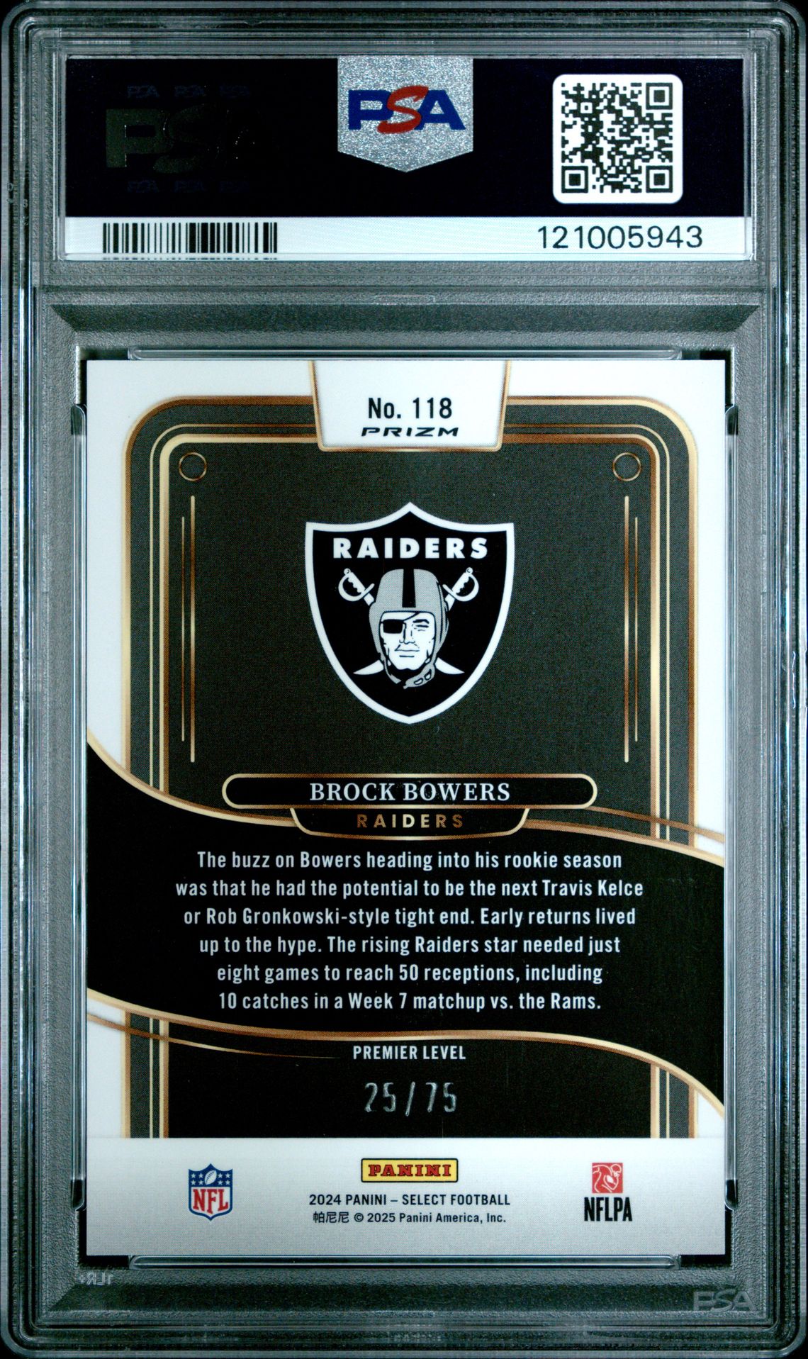 2024 Panini Select Brock Bowers #118 (Purple Prizm) Gem Mt 10 back