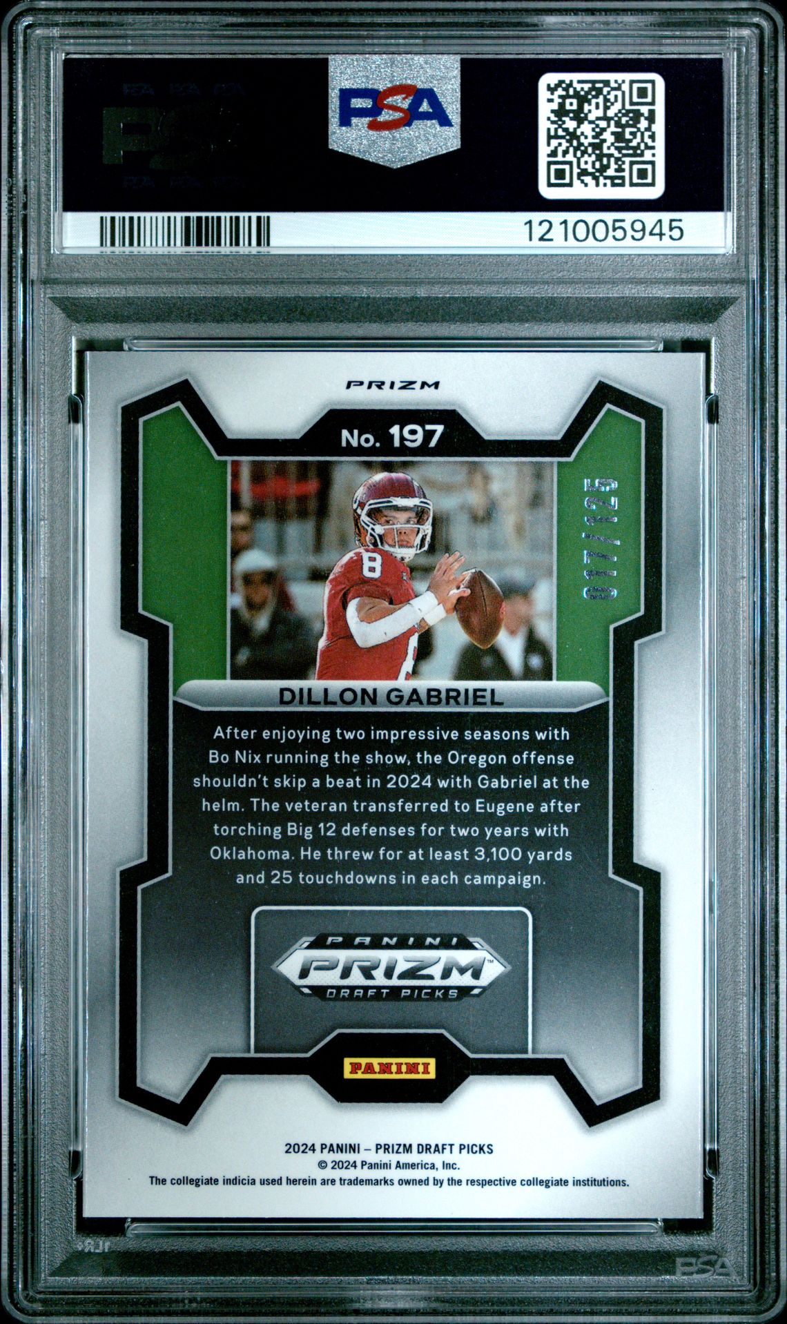 2024 Panini Prizm Draft Picks Dillon Gabriel #197 (Red Finite) Mint 9 back