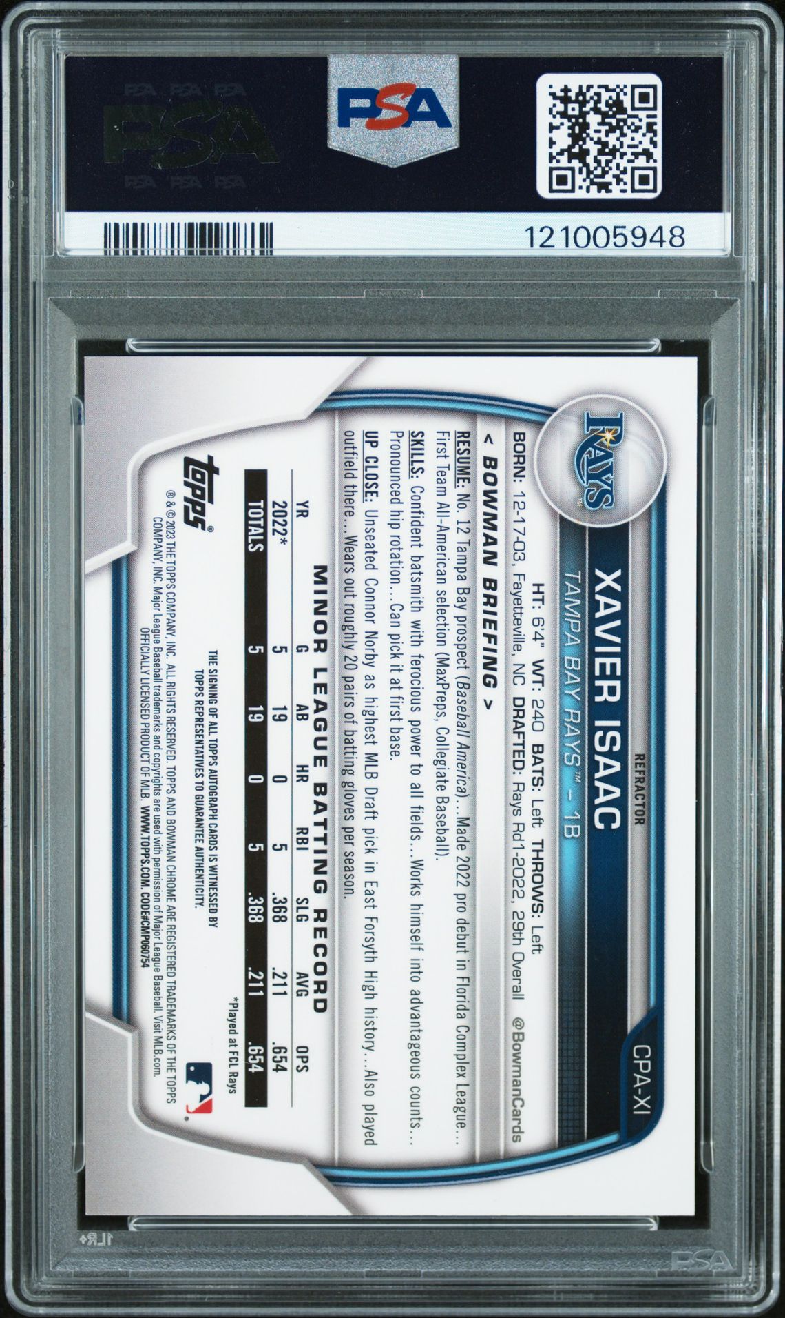 2023 Bowman Chrome Prospect Autographs Xavier Isaac #Cpaxi (Chr Pros Auto-Refractor) Gem Mt 10 back