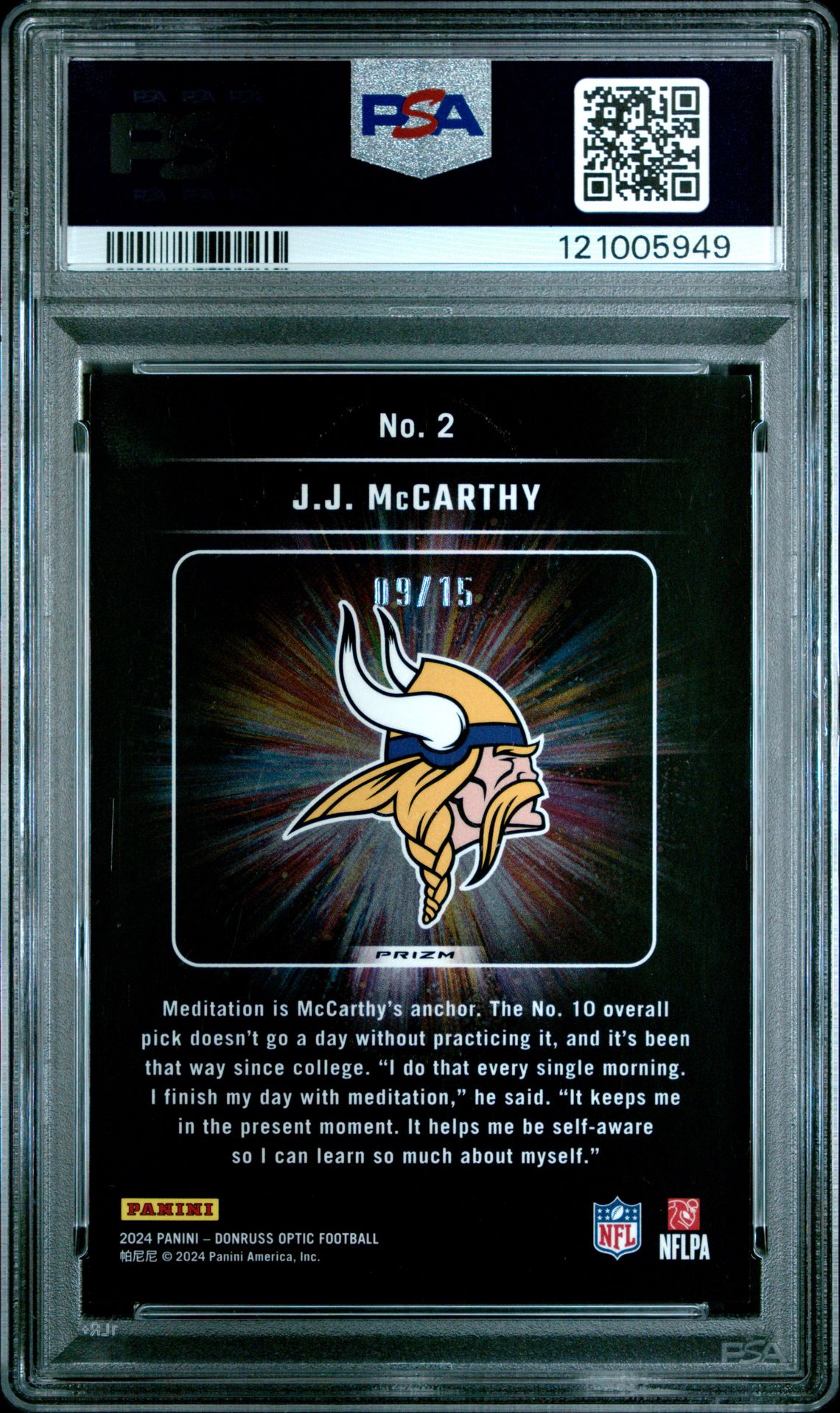 2024 Panini Donruss Optic Light It Up Jj Mccarthy #2 (Light It Up-Ice) Gem Mt 10 back