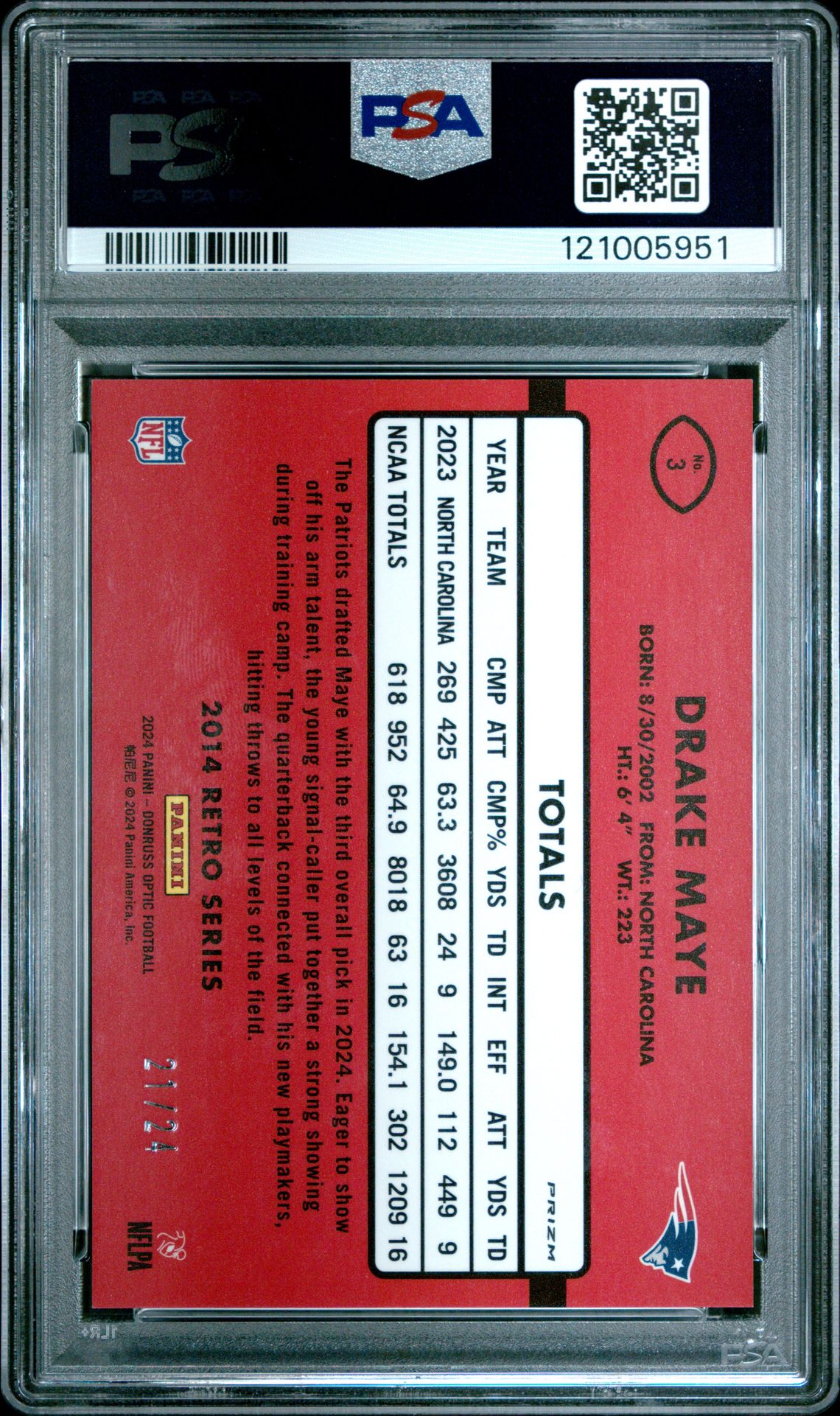 2024 Panini Donruss Optic 2014 Retro Series Drake Maye #3 (2014 Retro Series-Dragon) Gem Mt 10 back