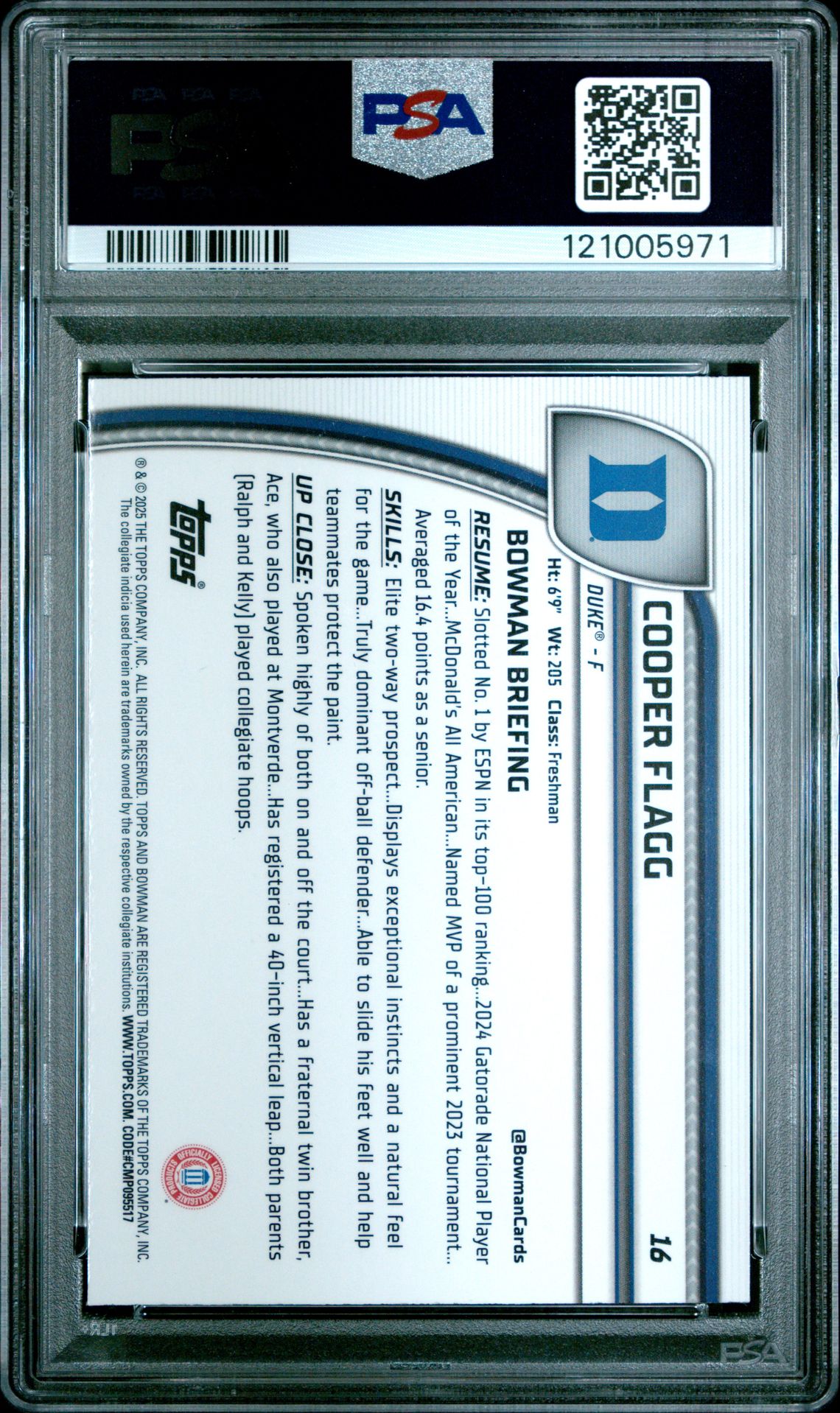 2024 Bowman Chrome University Cooper Flagg #16 (Black Wave) Gem Mt 10 back