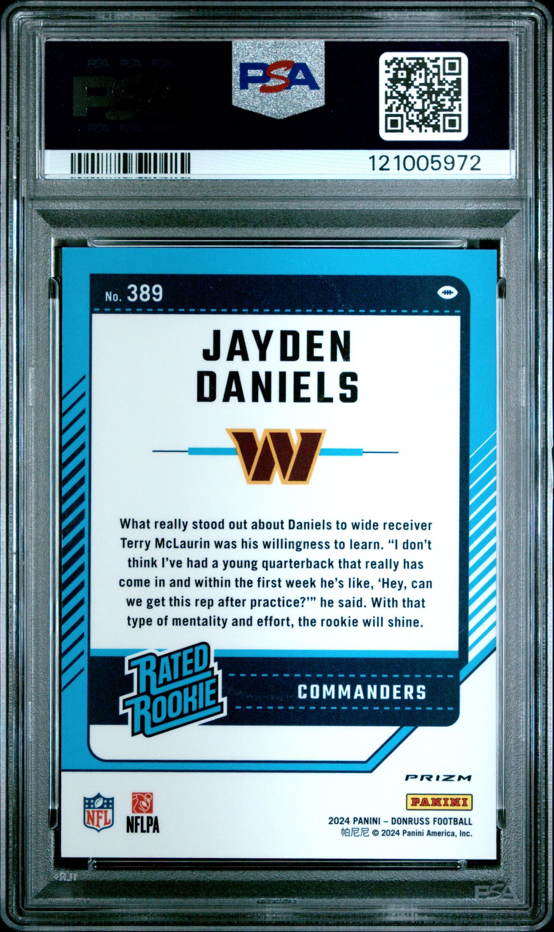 2024 Panini Donruss Jayden Daniels #389 (Optic Preview-Grn Velocity) Mint 9 back