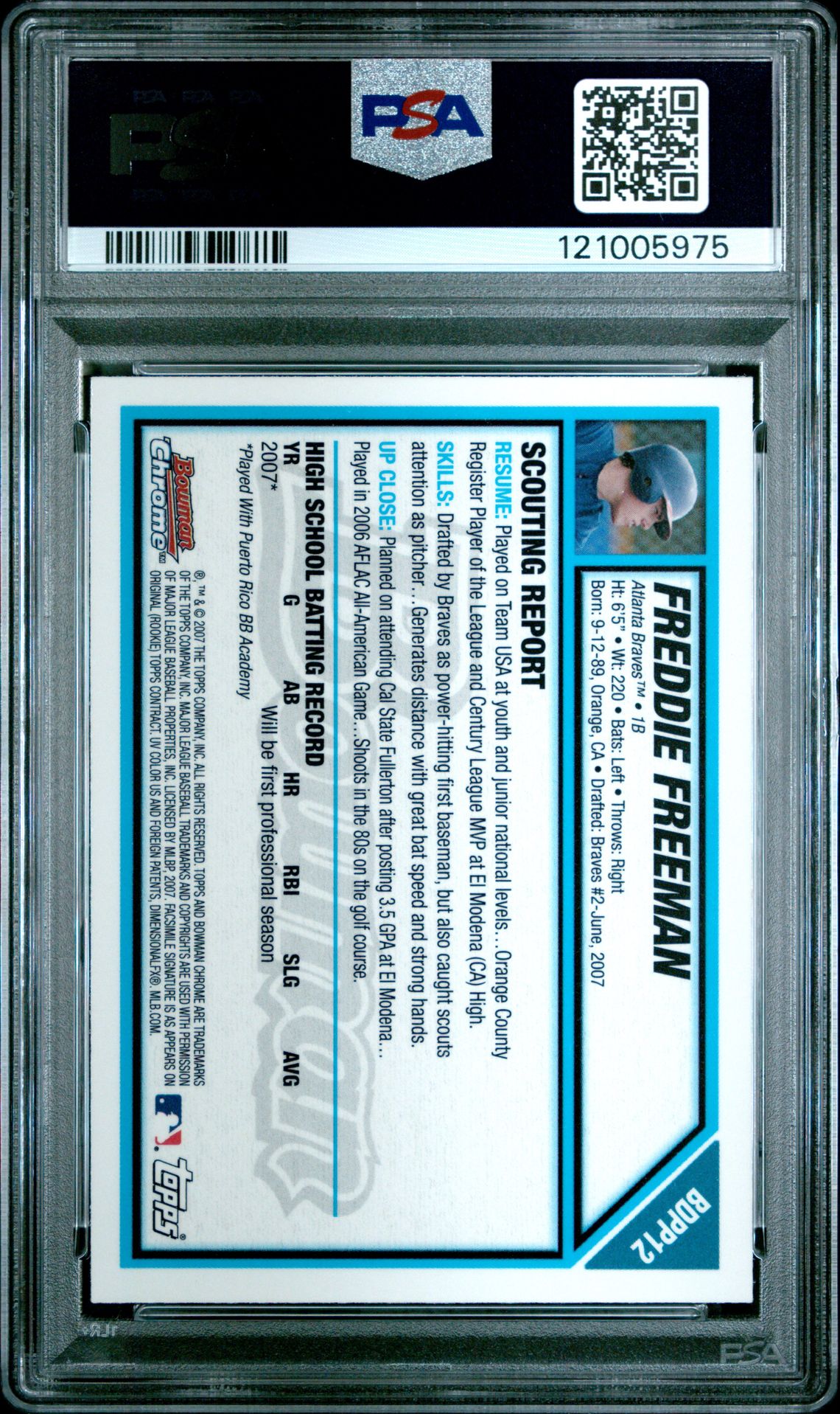 2007 Bowman Chrome Draft Picks & Prospects Freddie Freeman #Bdpp12 (Draft Picks & Prospects) Nm-Mt 8 back