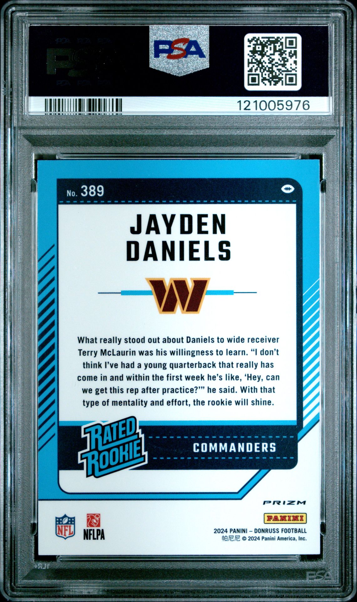 2024 Panini Donruss Jayden Daniels #389 (Optic Preview-Blue Scope) Gem Mt 10 back