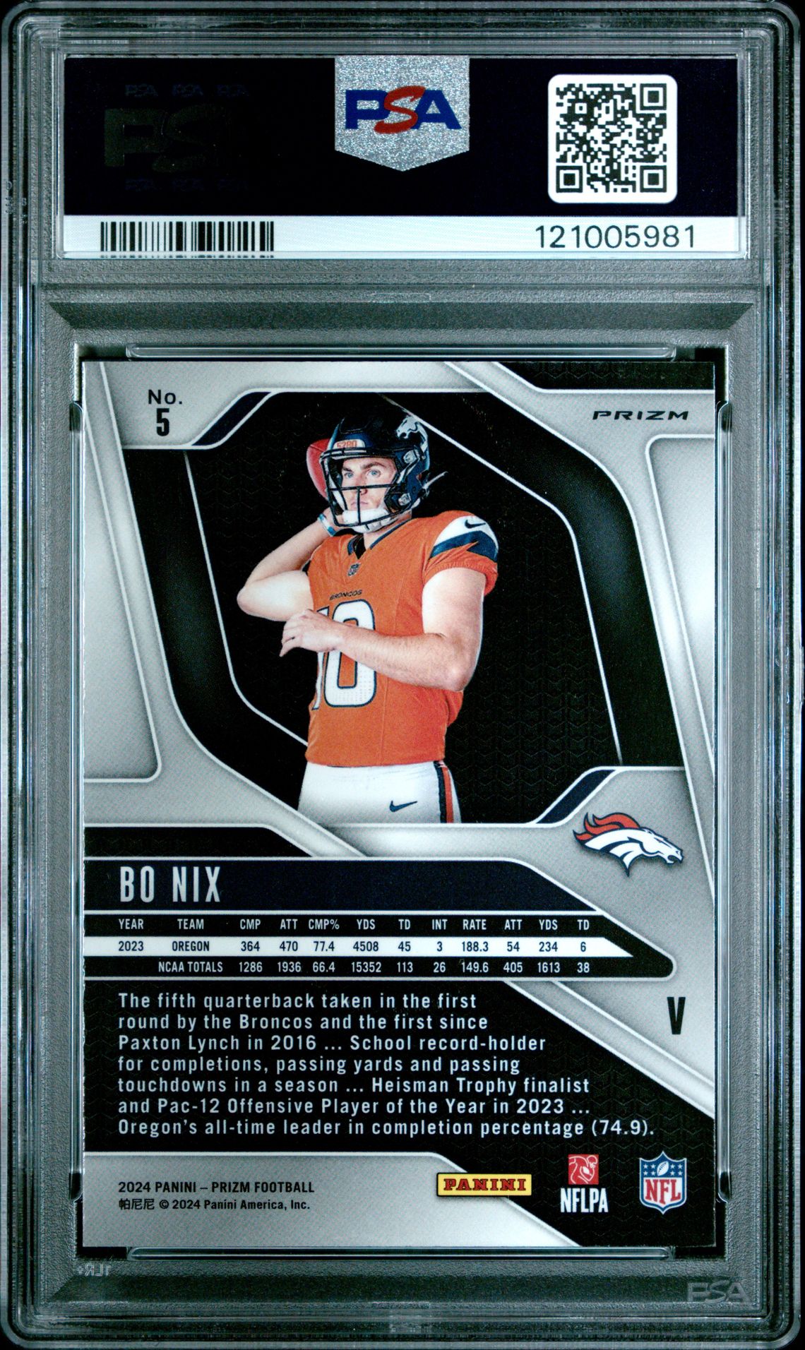 2024 Panini Prizm Rookie Variation Bo Nix #5 (Rookie Variation-Pink Wave) Gem Mt 10 back