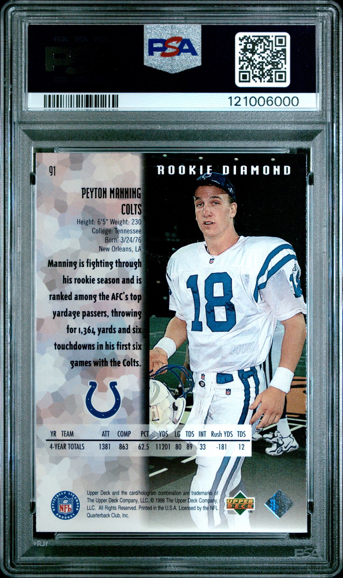 1998 Upper Deck Black Diamond Rookies Peyton Manning #91 (Rookies-Single) Nm-Mt 8 back