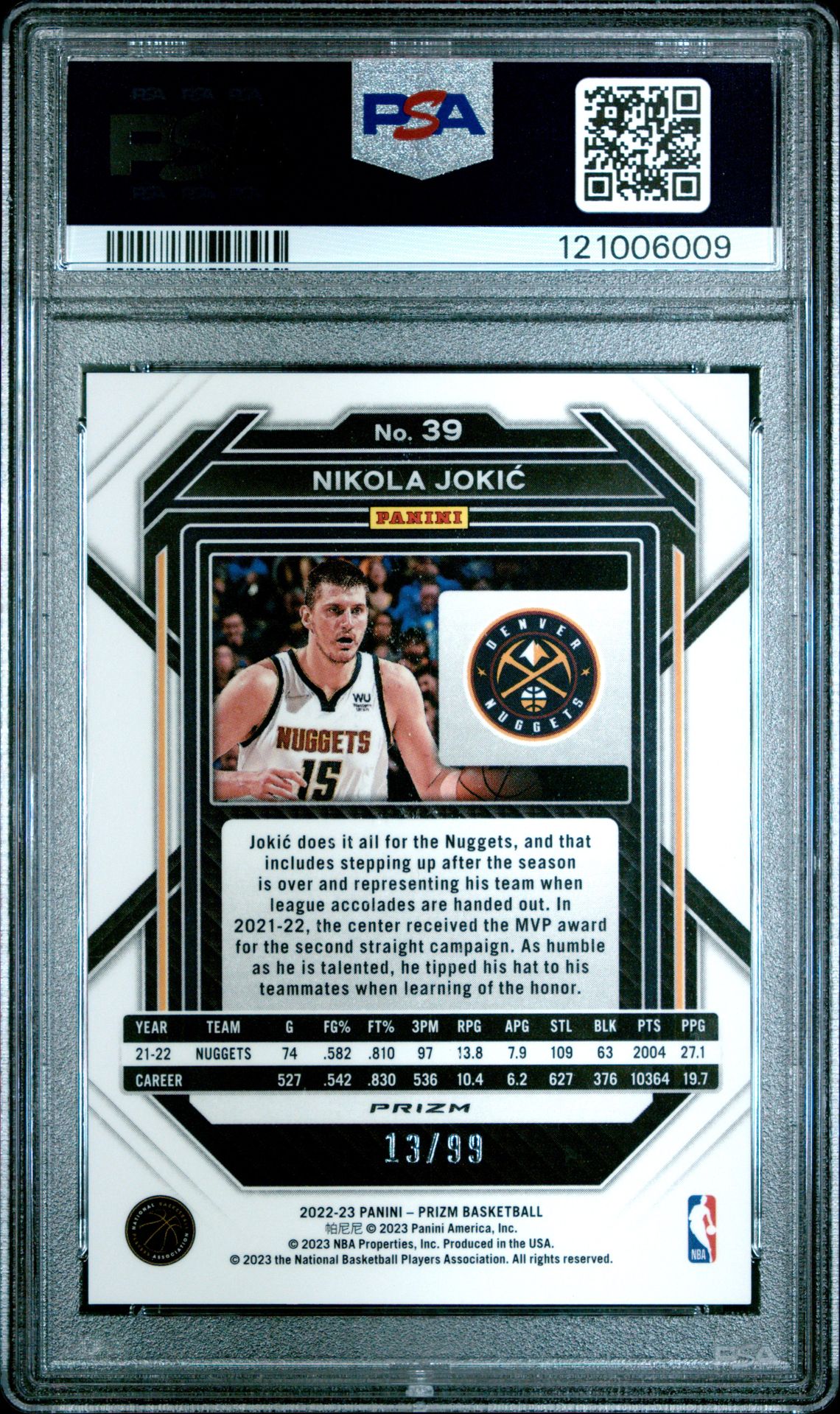 2022 Panini Prizm Nikola Jokic #39 (Purple Prizm) Gem Mt 10 back