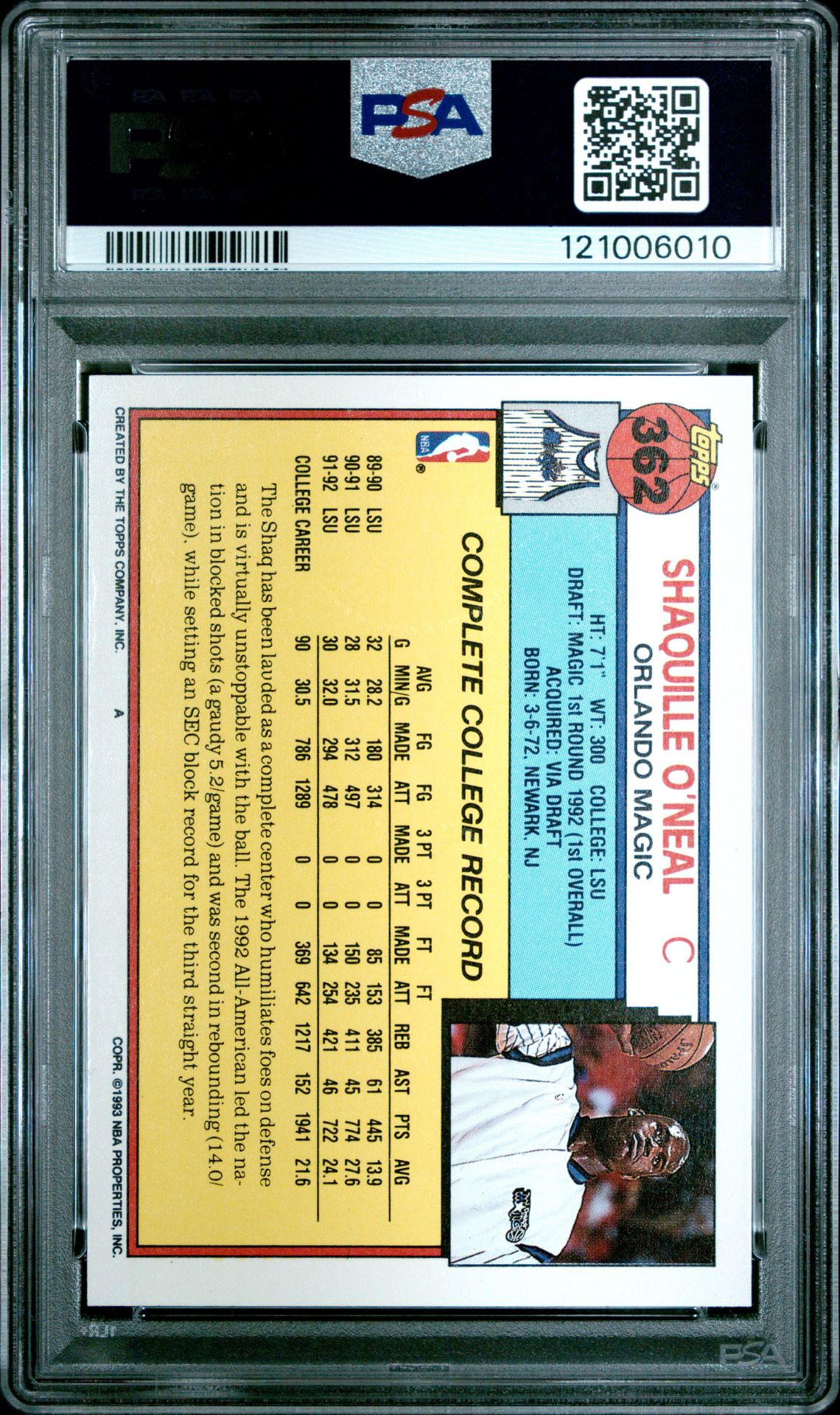 1992 Topps Shaquille O'neal #362 Nm-Mt 8 back