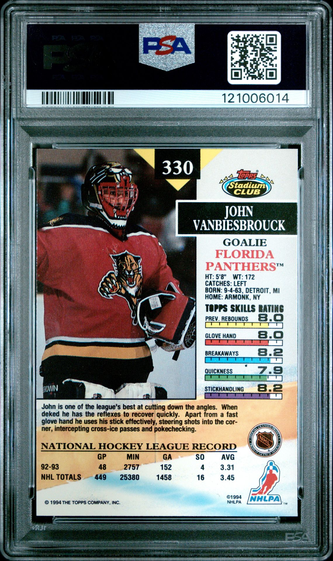 1993 Stadium Club John Vanbiesbrouck #330 (1St Day Issue) Mint 9 back