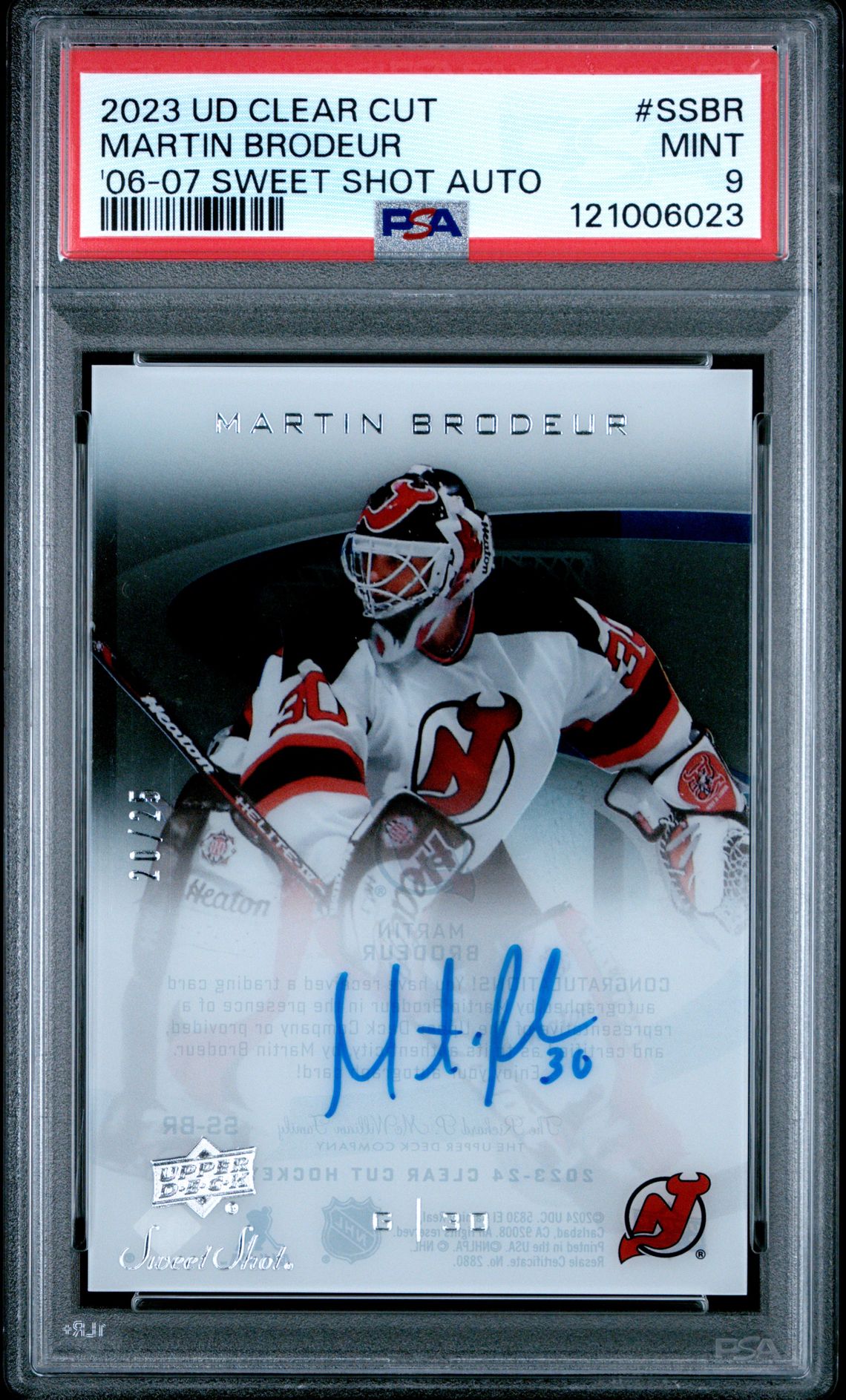 2023 Upper Deck Clear Cut Ud 2006-07 Sweet Shot Autographs Martin Brodeur #Ssbr Mint 9 front