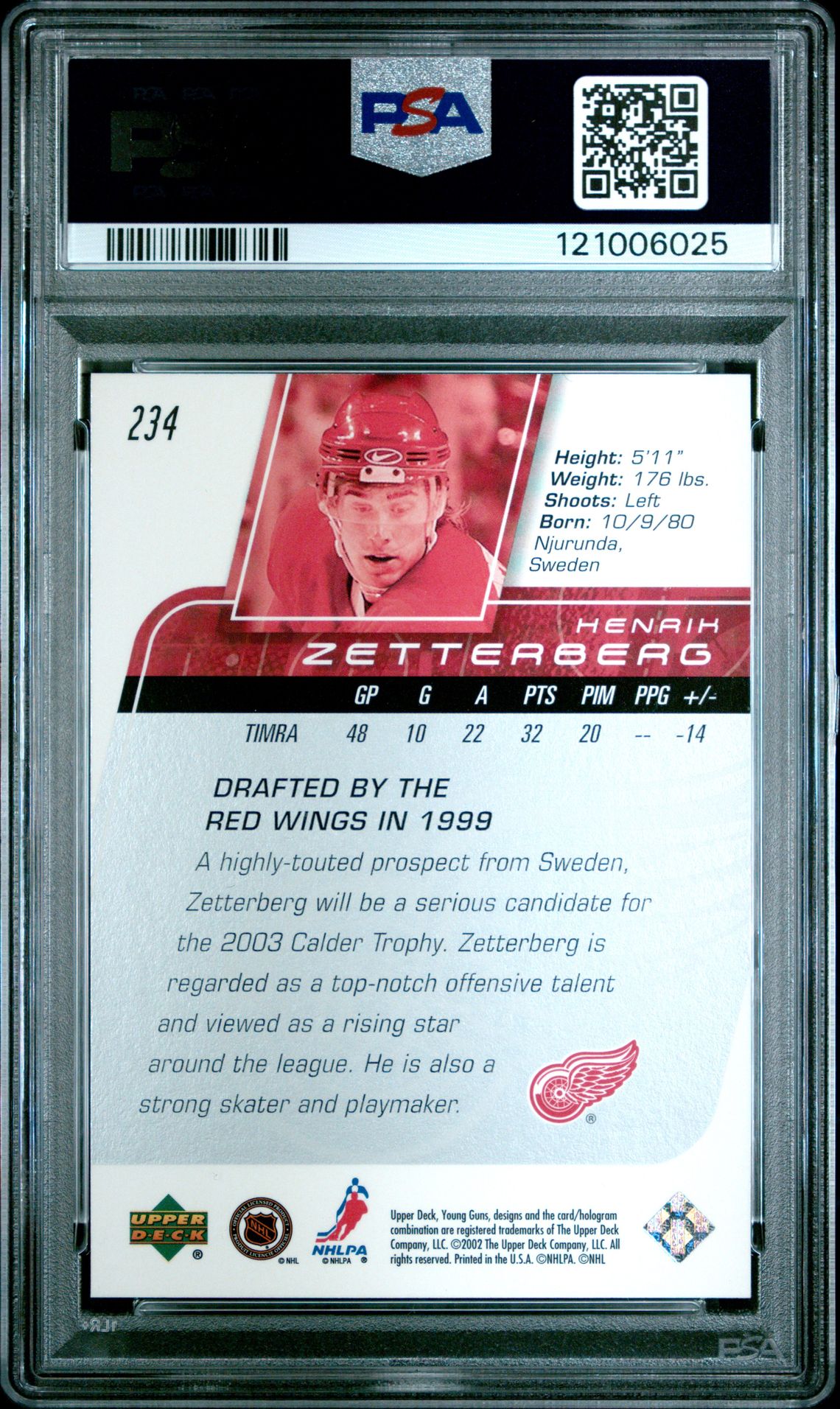 2002 Upper Deck Henrik Zetterberg #234 Gem Mt 10 back