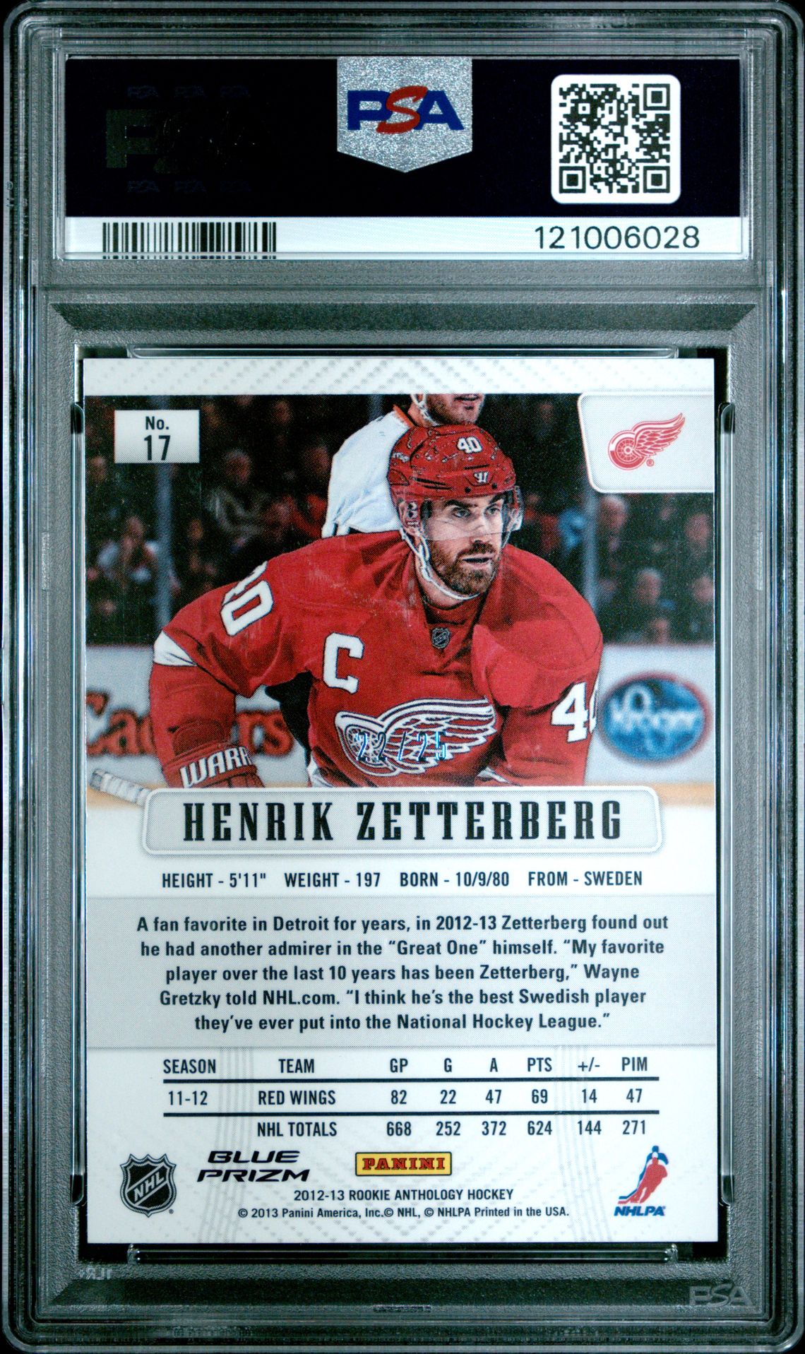 2012 Panini Rookie Anthology Prizm Henrik Zetterberg #17 (Prizm-Blue) Mint 9 back