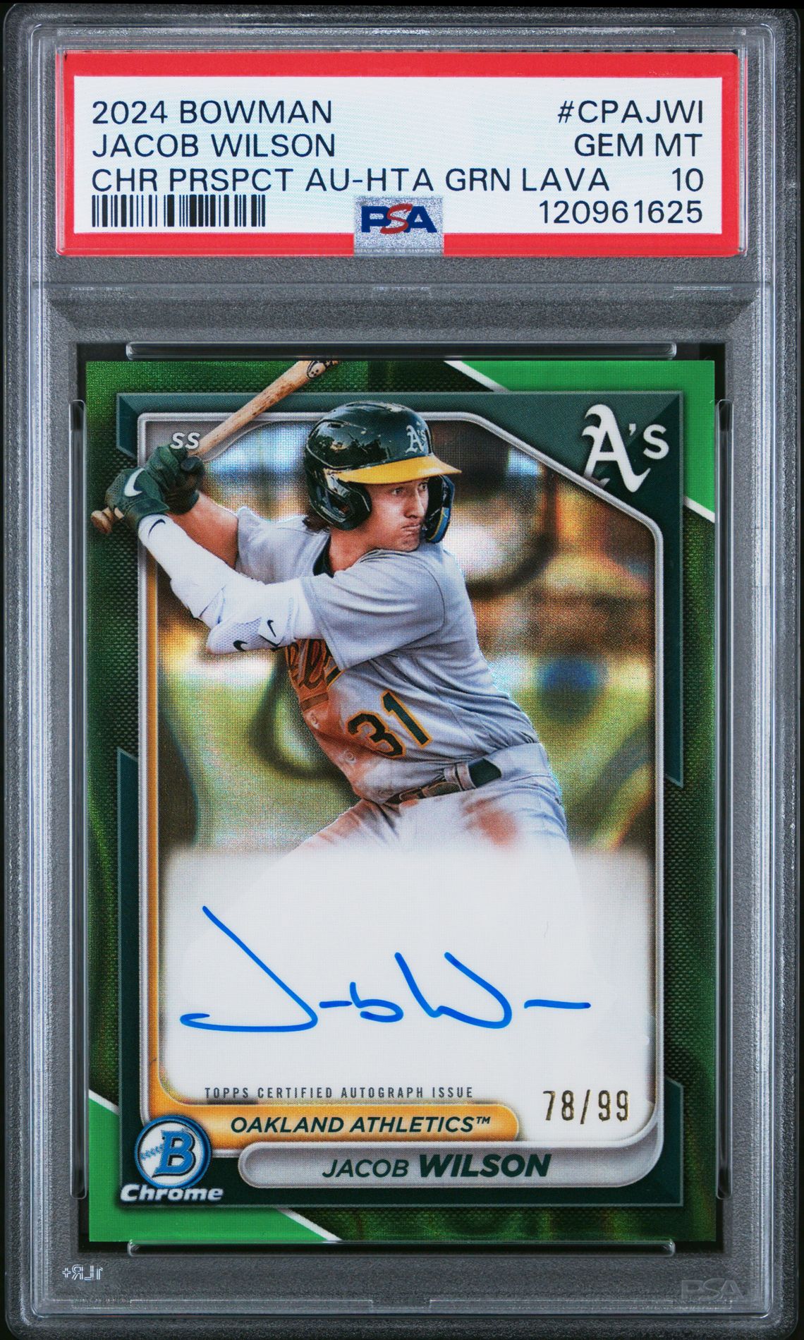 2024 Bowman Chrome Prospect Autographs Jacob Wilson #Cpajwi (Chr Prspct Au-Hta Grn Lava) Gem Mt 10 front
