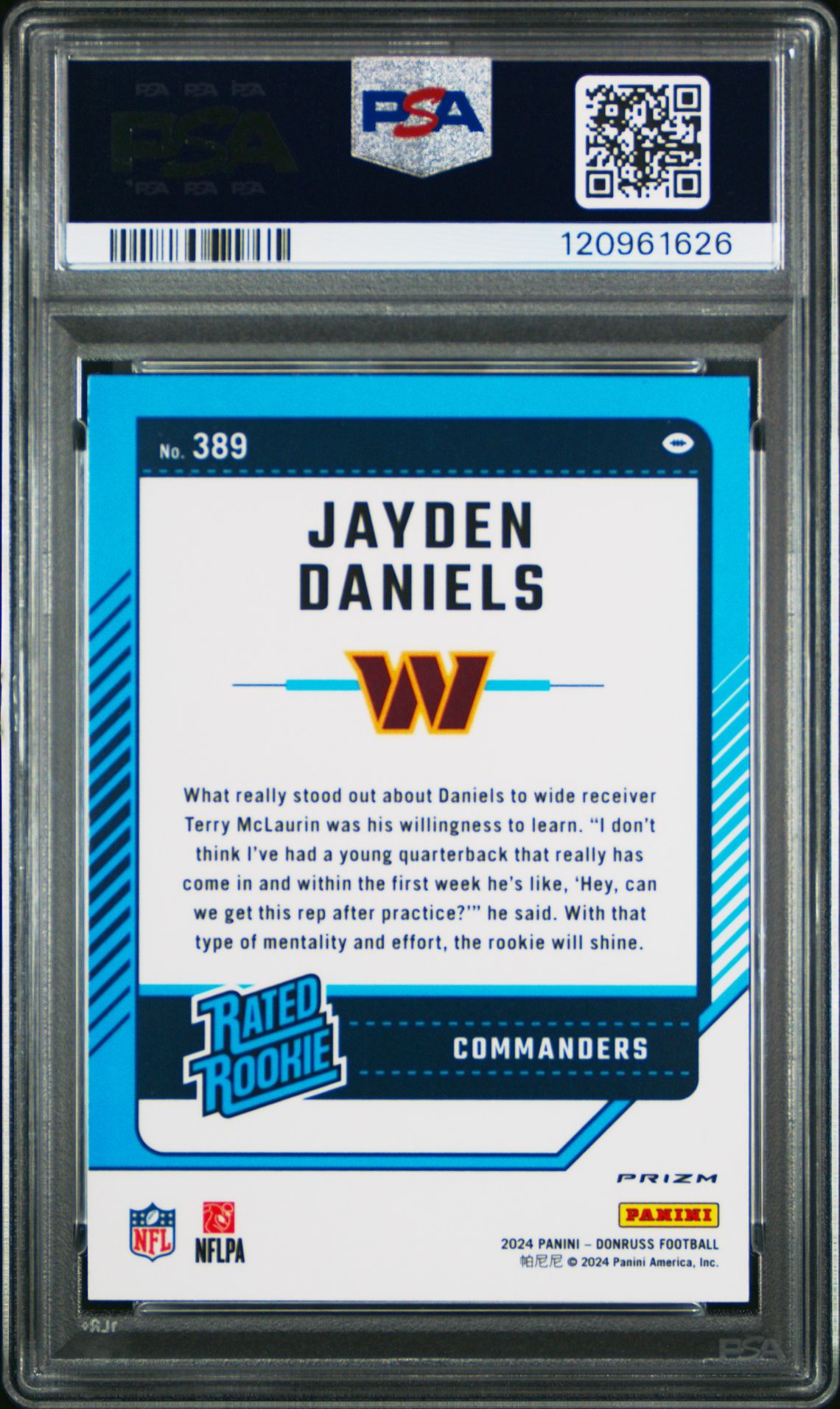 2024 Panini Donruss Jayden Daniels #389 (Optic Preview-Pink) Gem Mt 10 back