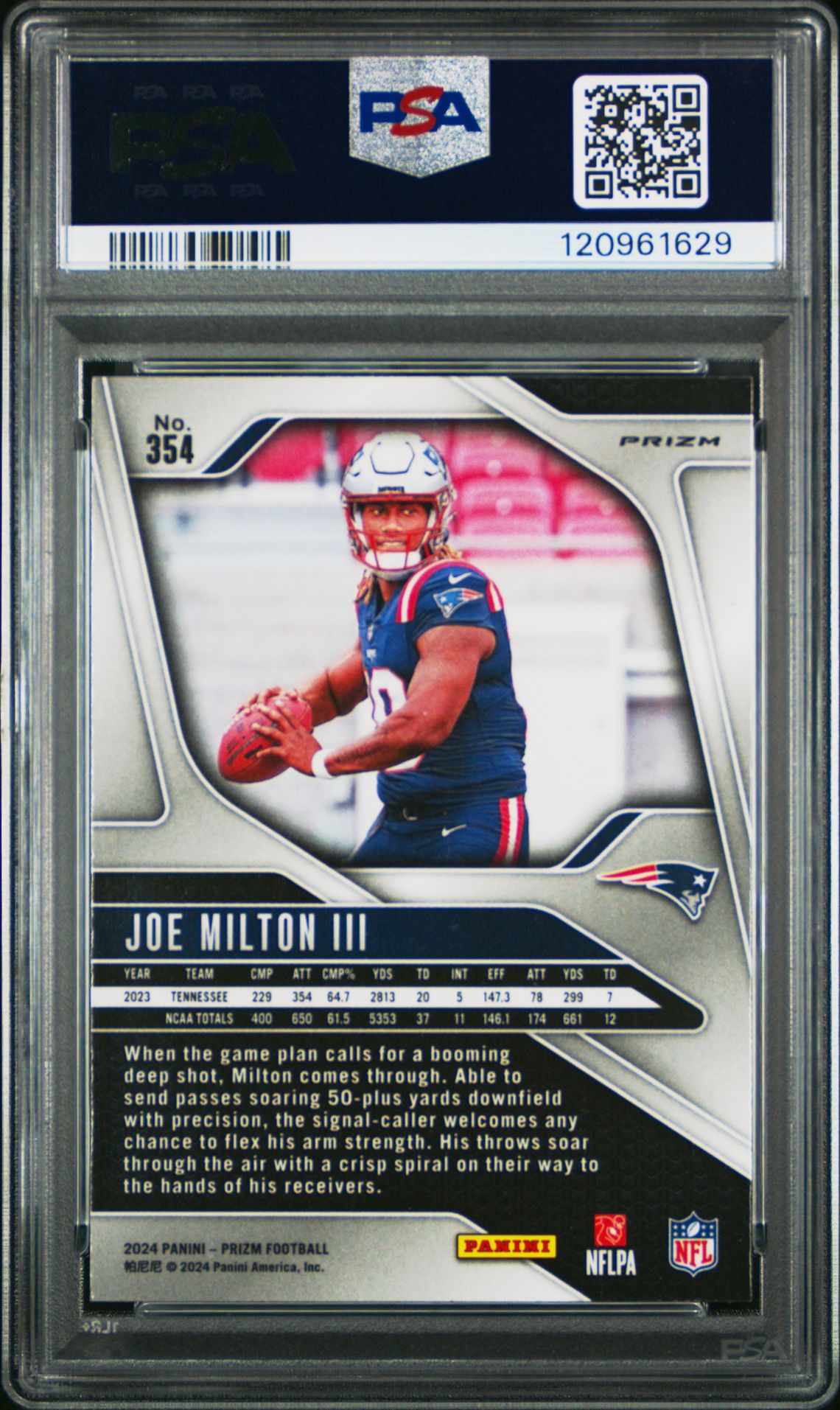 2024 Panini Prizm Joe Milton Iii #354 (Silver Prizm) Gem Mt 10 back